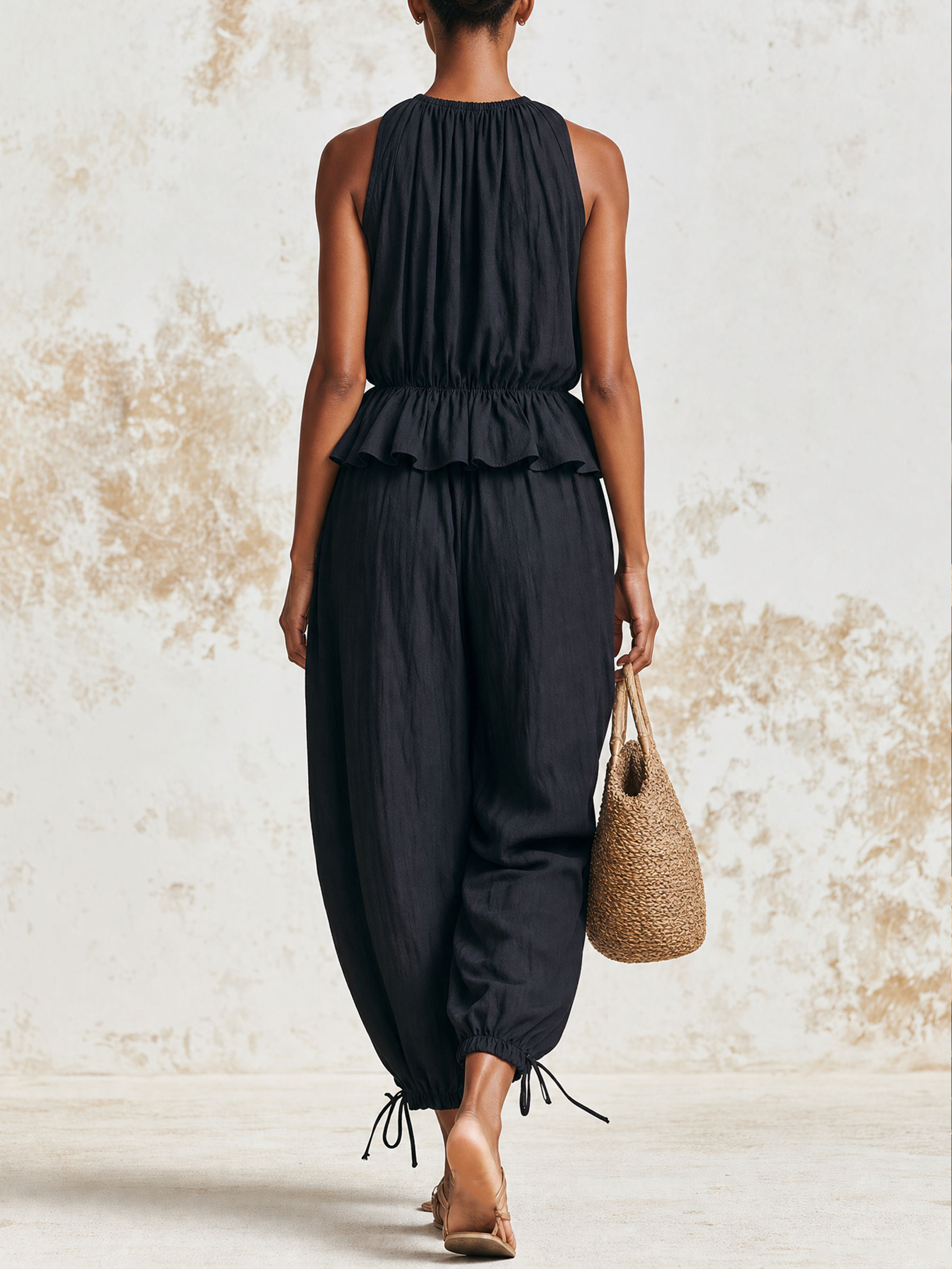 Black Sleeveless Gathered‑Waist Linen Two‑Piece Set