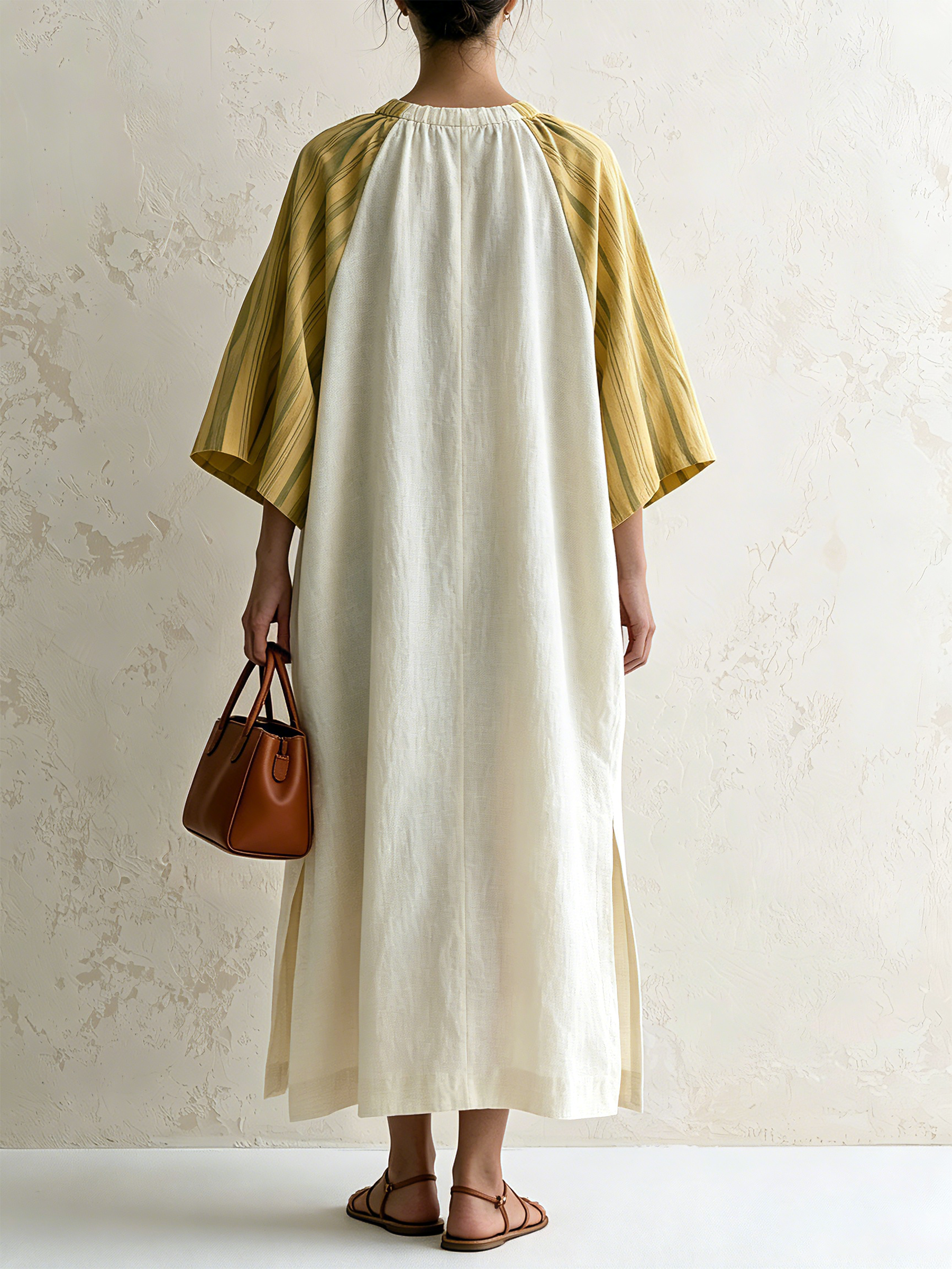 Color Block Stripe Raglan Sleeve Drawstring Neck Loose Maxi Dress