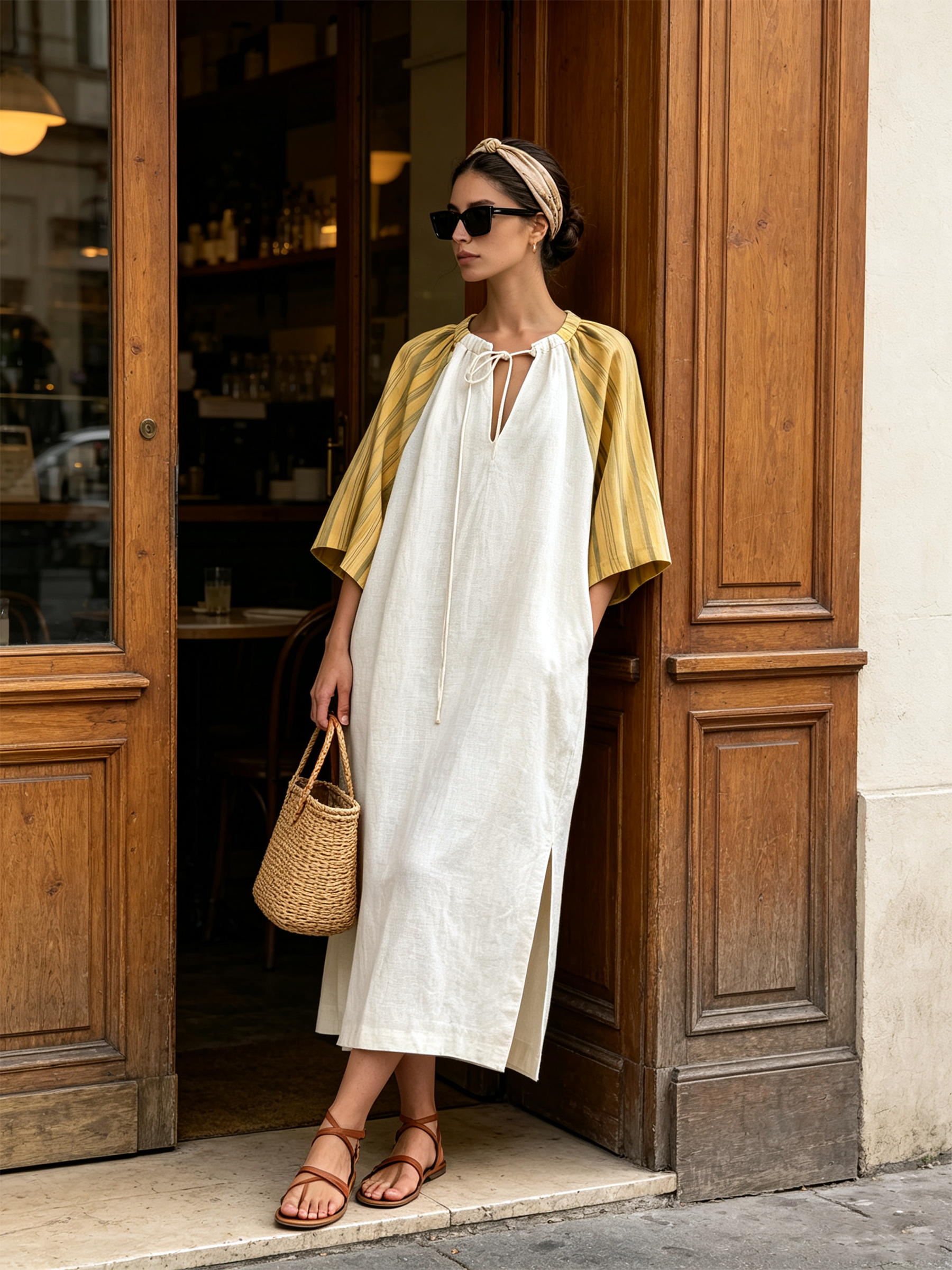 Color Block Stripe Raglan Sleeve Drawstring Neck Loose Maxi Dress