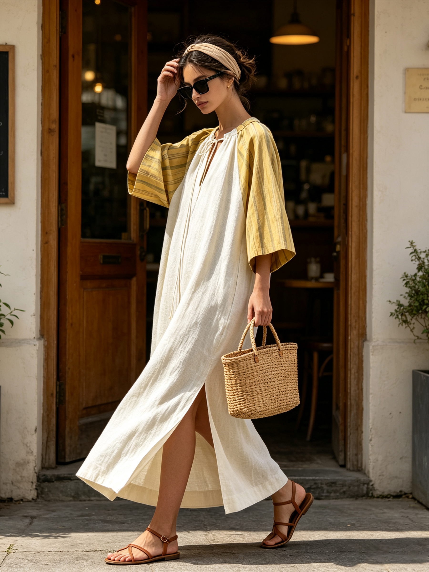 Color Block Stripe Raglan Sleeve Drawstring Neck Loose Maxi Dress