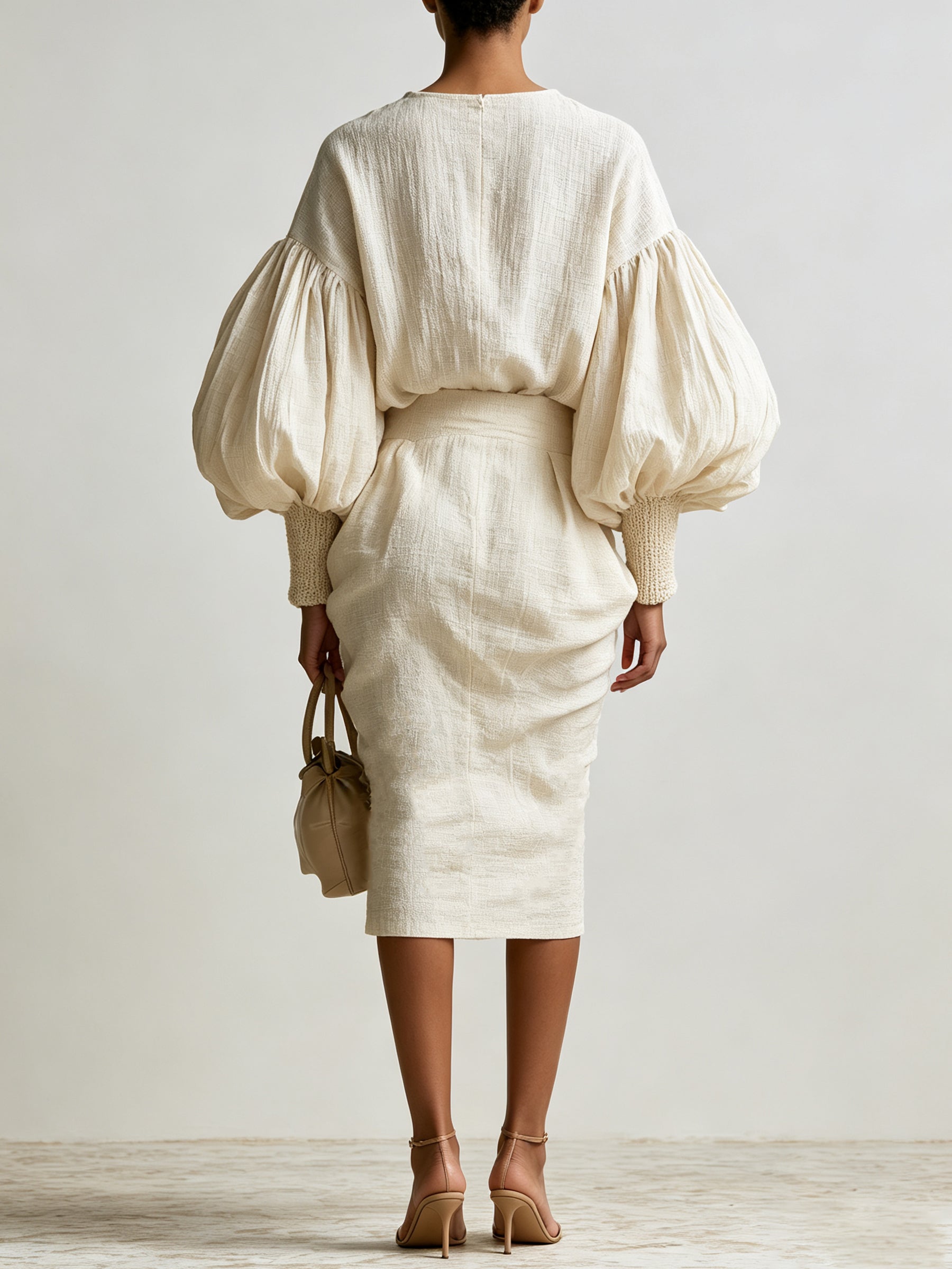 Elegant White Puff Sleeve Midi Dress For Women – Bohemian Chic V-Neck Dress With Ruched Waist & Relaxed Silhouette