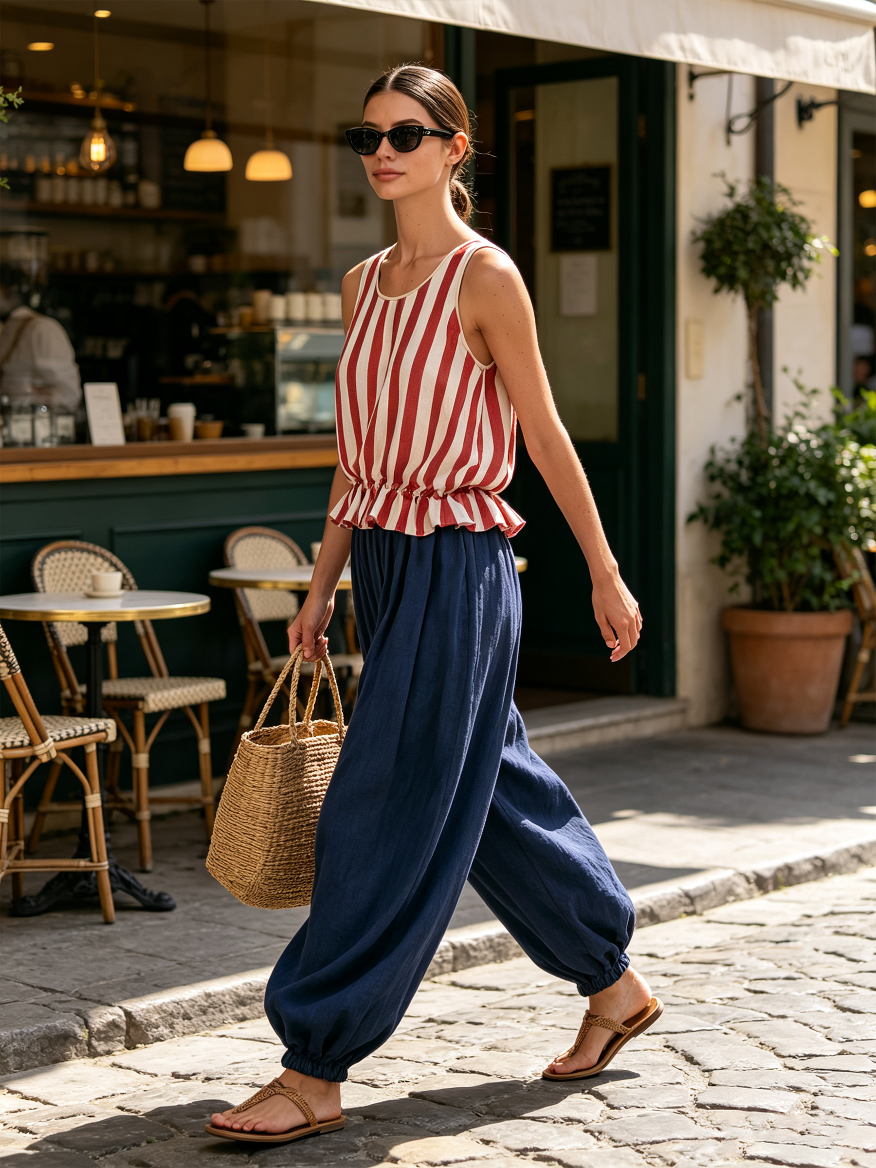 Red‑White Striped Tank Top & Navy Linen Balloon Pants Two‑Piece Set