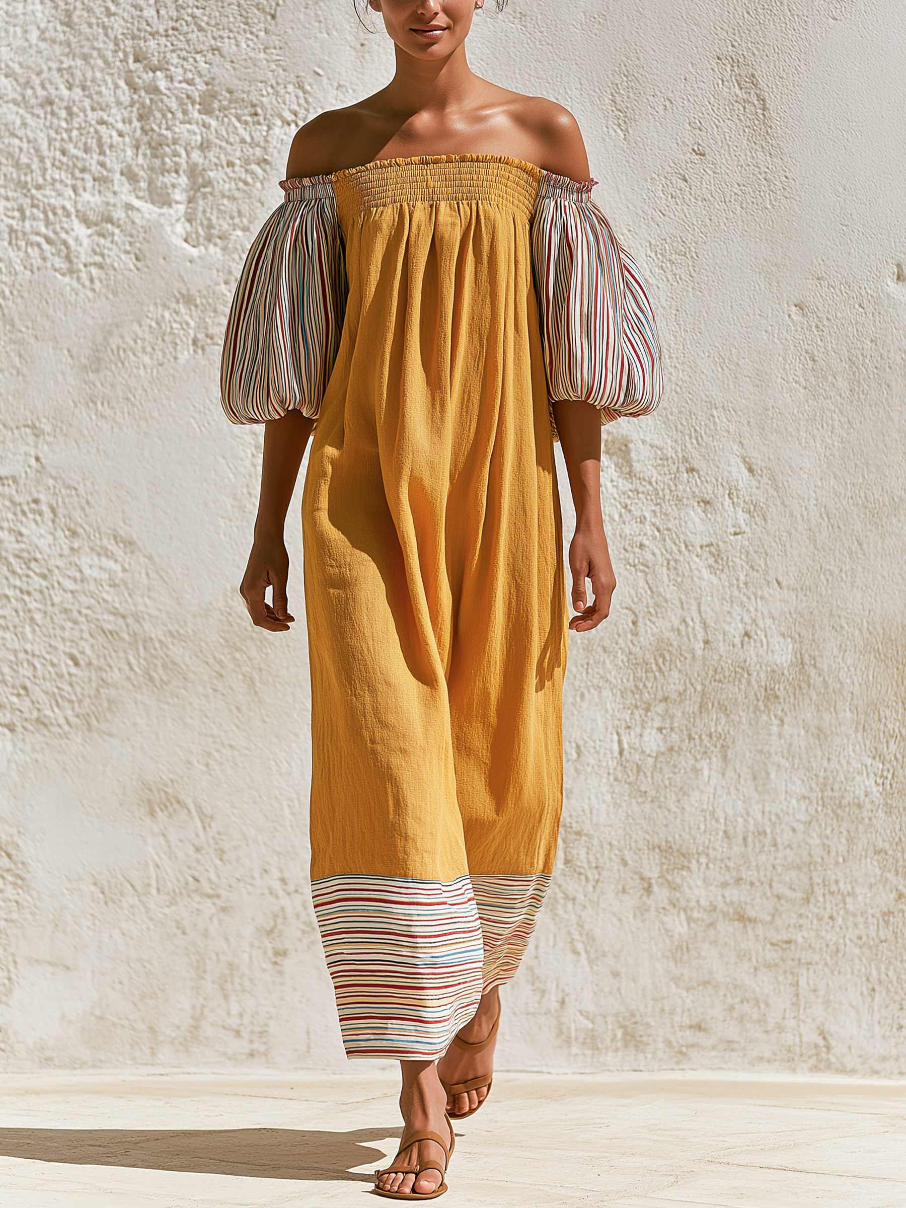 Yellow Color Block Stripe Off Shoulder Wide Leg Maxi Dress