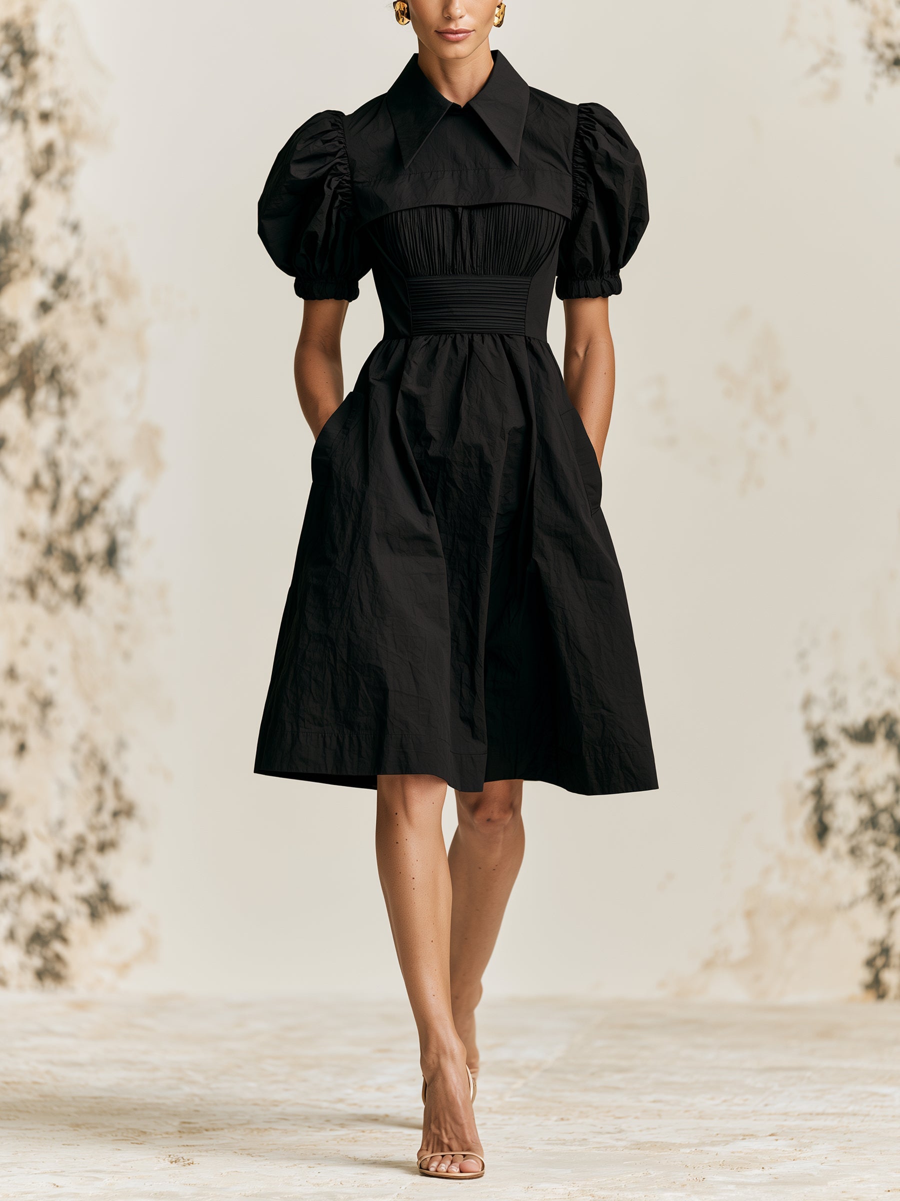 Elegant Black Puff Sleeve Midi Dress – Vintage Collar A-Line Dress With Ruched Waist & Pocket Detail