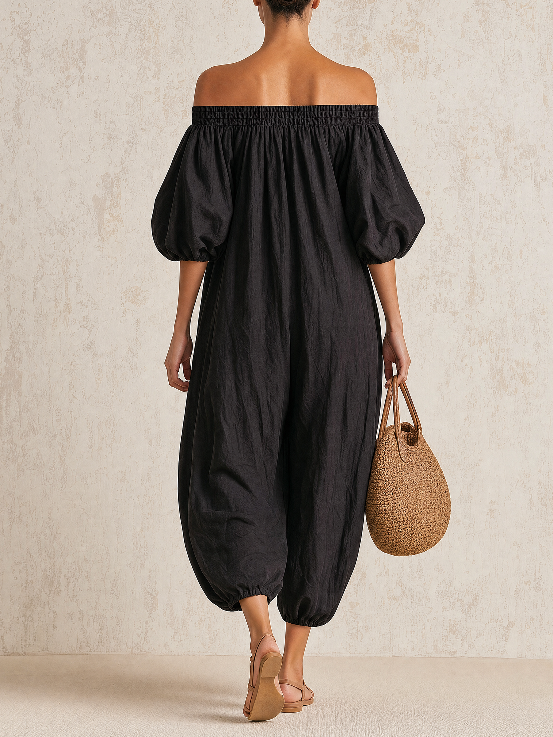 Off-Shoulder Linen Blend Wide Leg Jumpsuit with Button Front & Pockets
