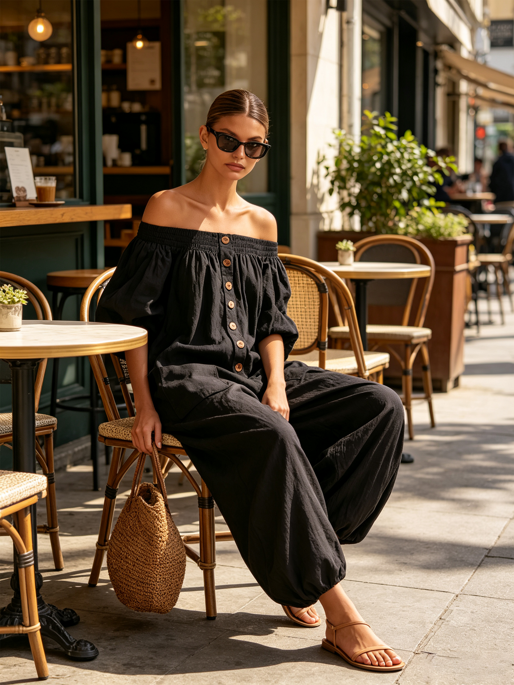 Off-Shoulder Linen Blend Wide Leg Jumpsuit with Button Front & Pockets