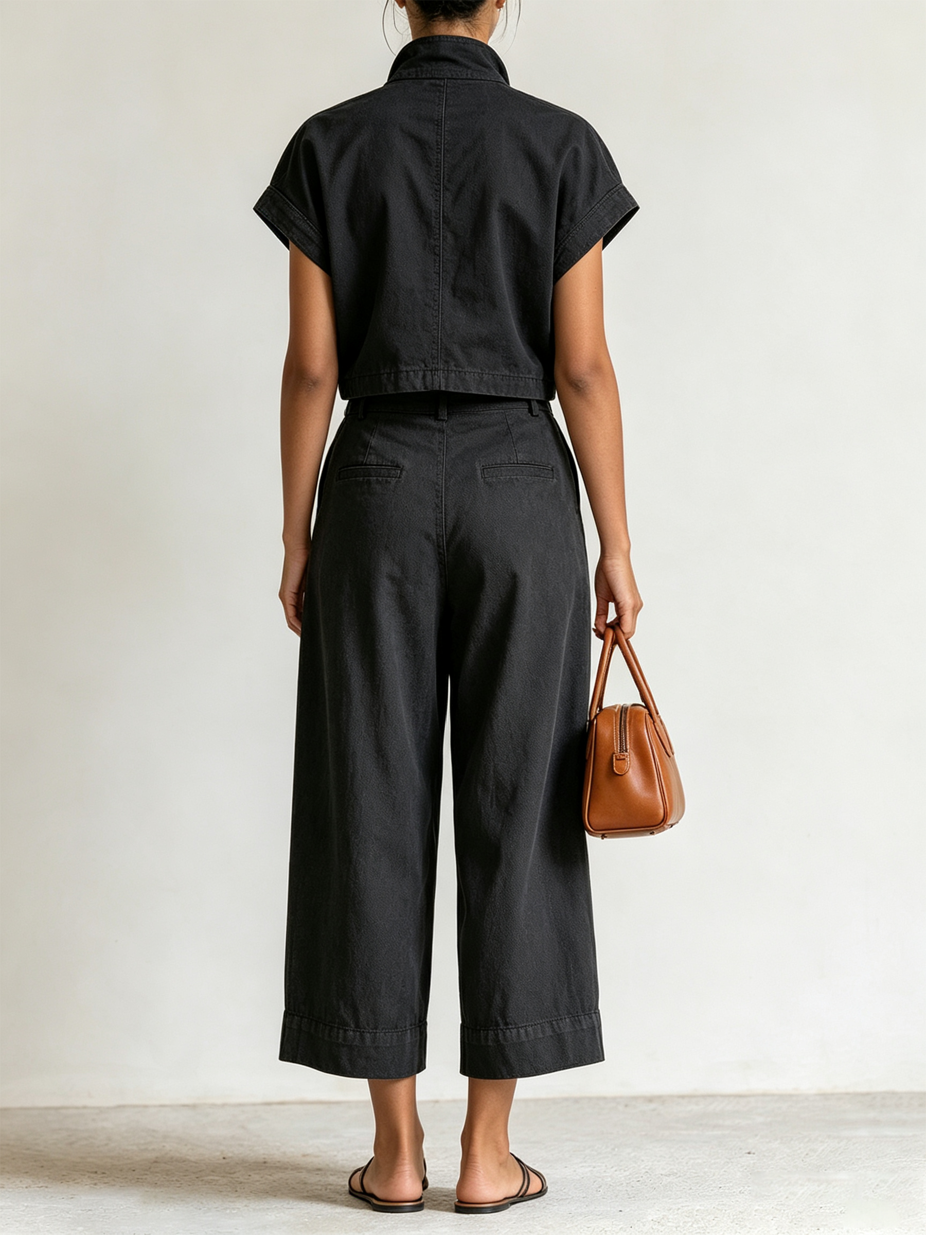 Black Zip Crop Cargo Top & Pleated Wide Leg Cropped Pants Two-Piece Set