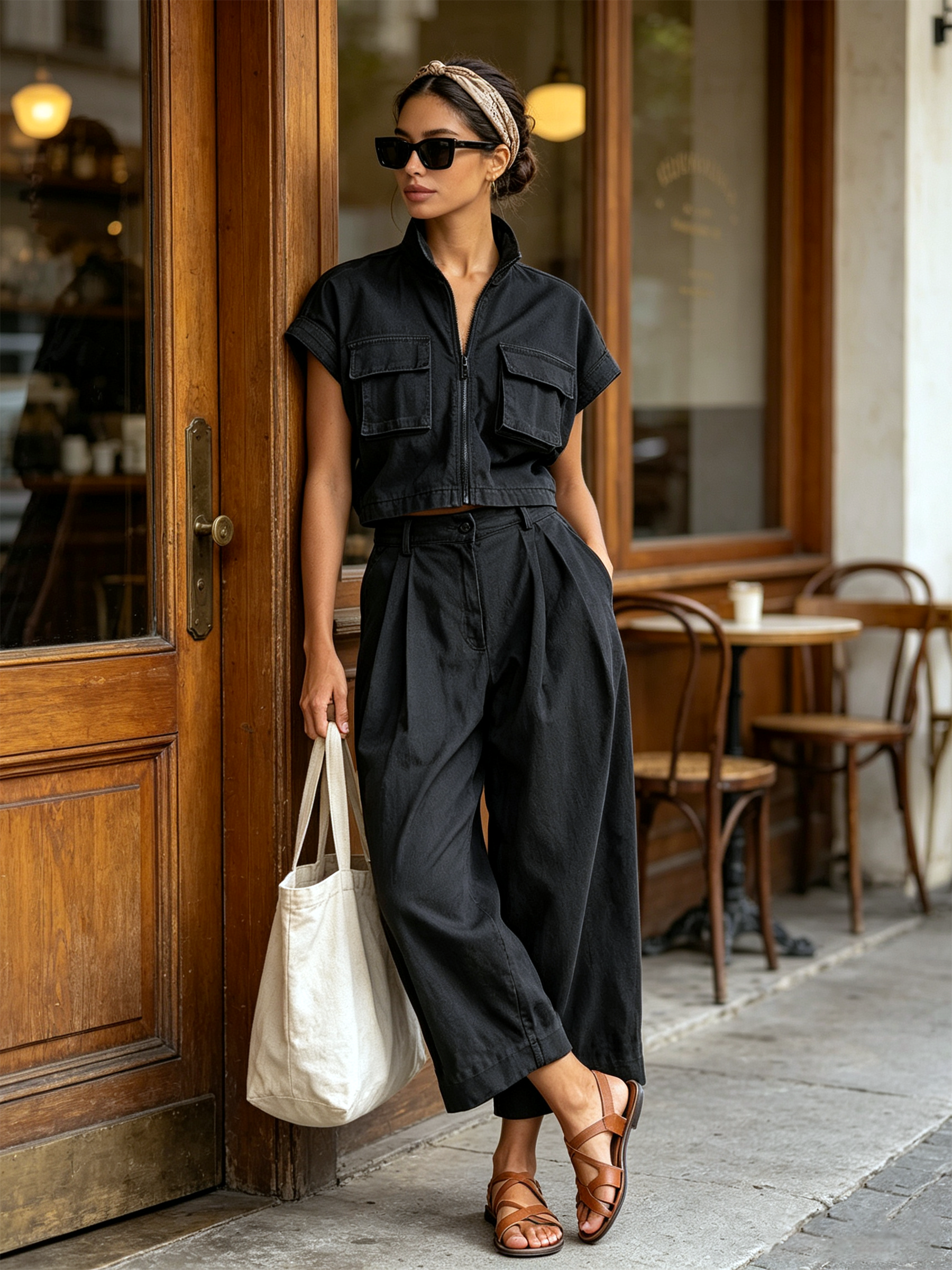 Black Zip Crop Cargo Top & Pleated Wide Leg Cropped Pants Two-Piece Set