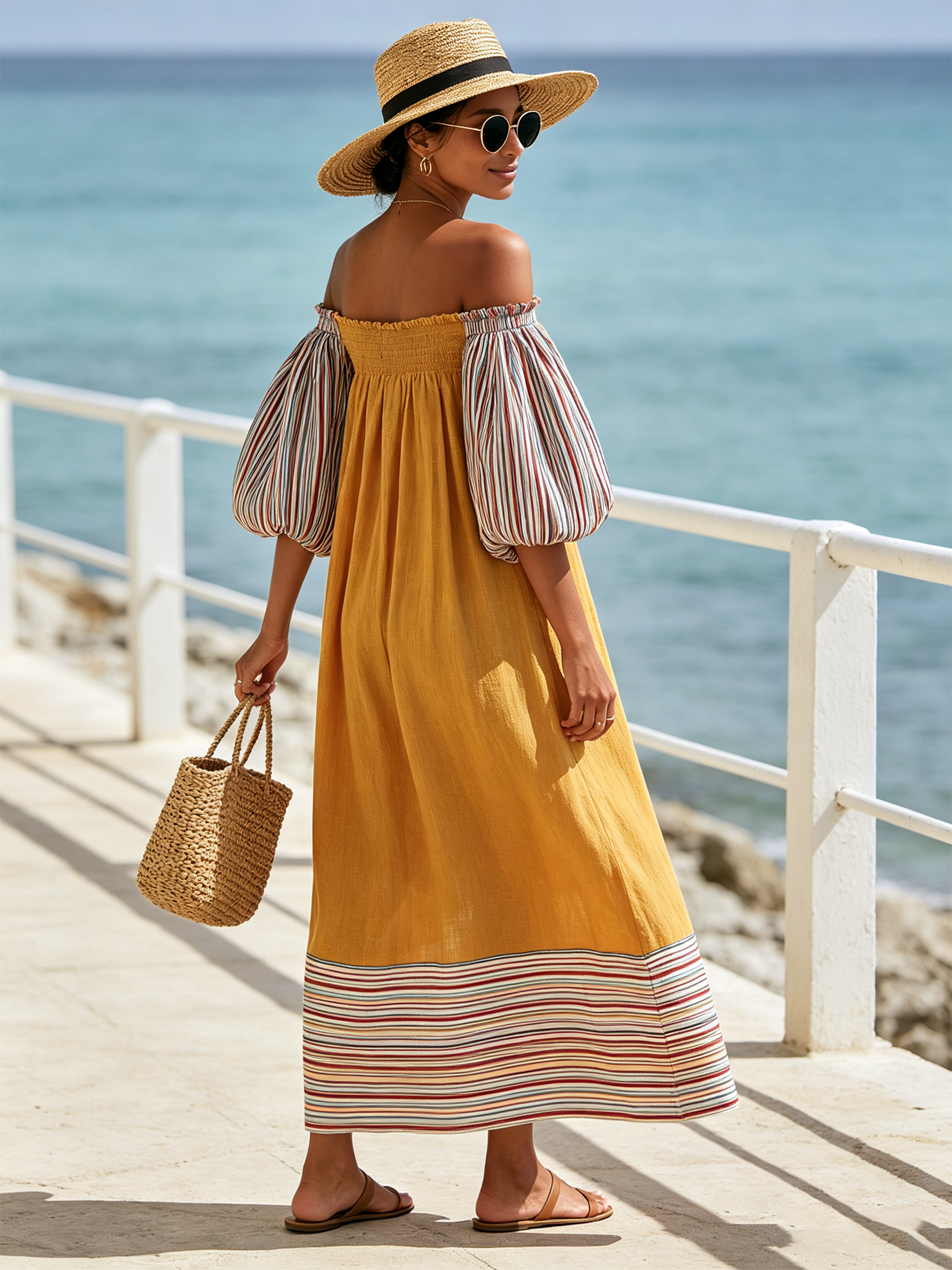 Yellow Color Block Stripe Off Shoulder Wide Leg Maxi Dress
