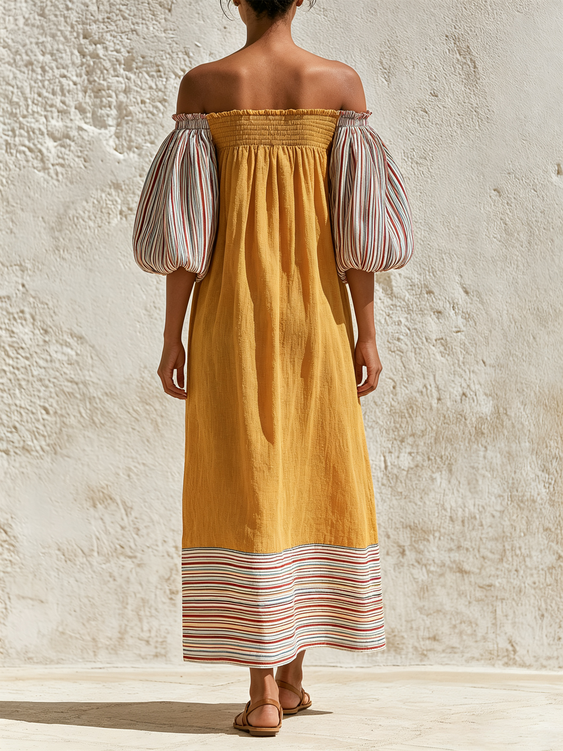 Yellow Color Block Stripe Off Shoulder Wide Leg Maxi Dress