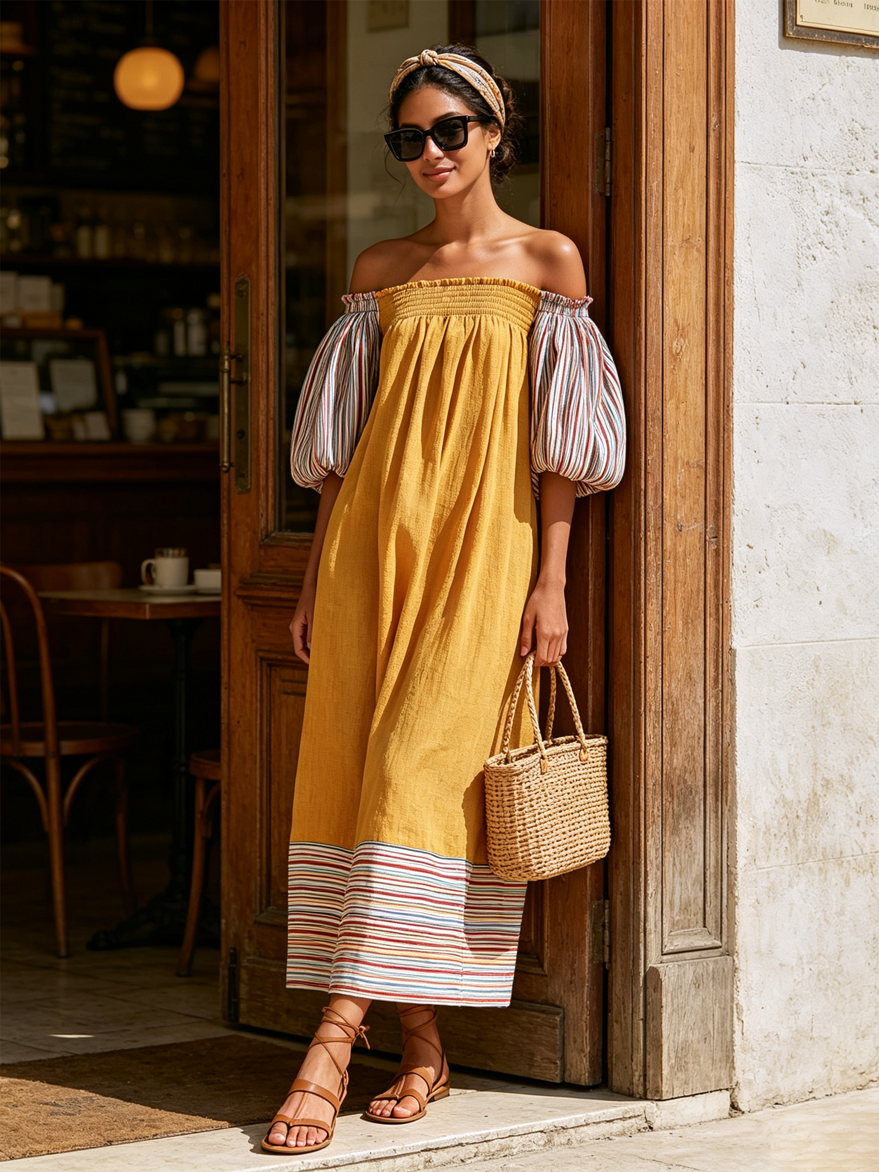 Yellow Color Block Stripe Off Shoulder Wide Leg Maxi Dress