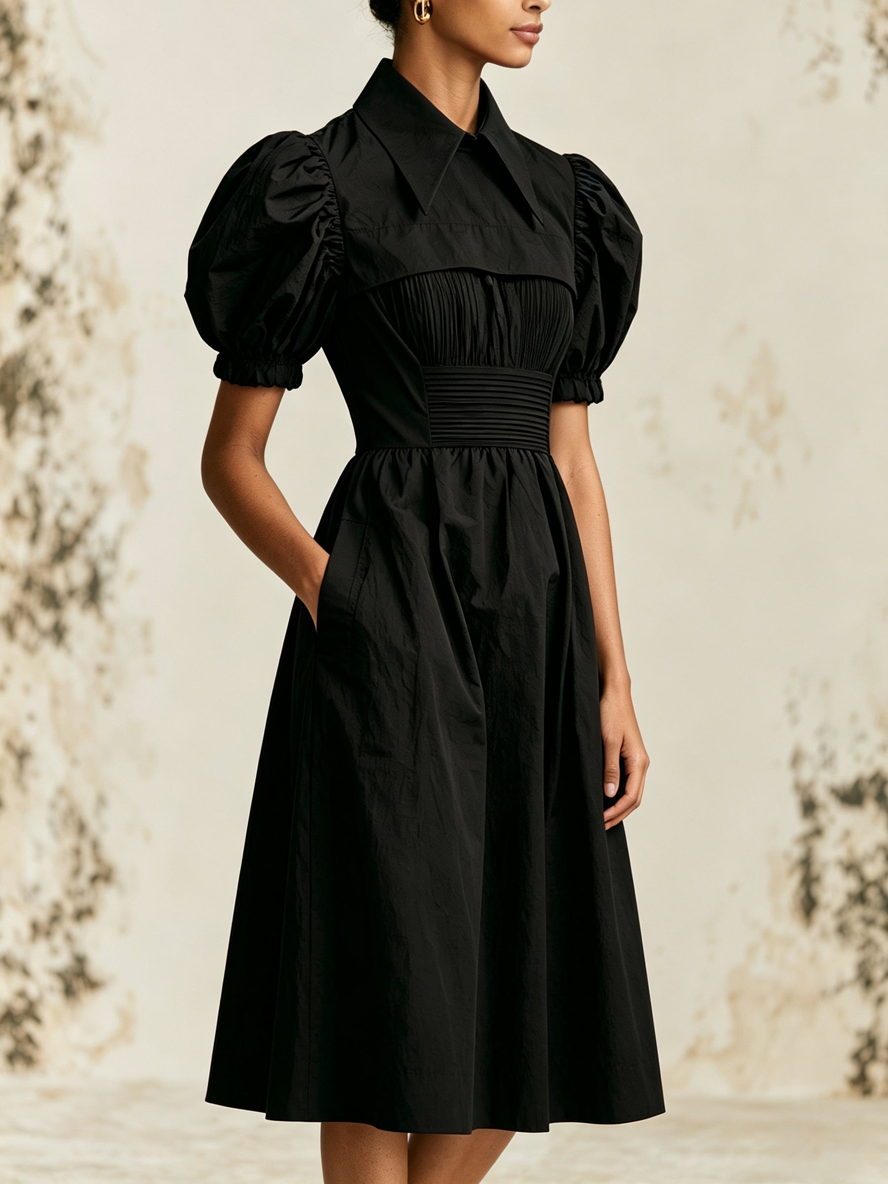 Elegant Black Puff Sleeve Midi Dress – Vintage Collar A-Line Dress With Ruched Waist & Pocket Detail