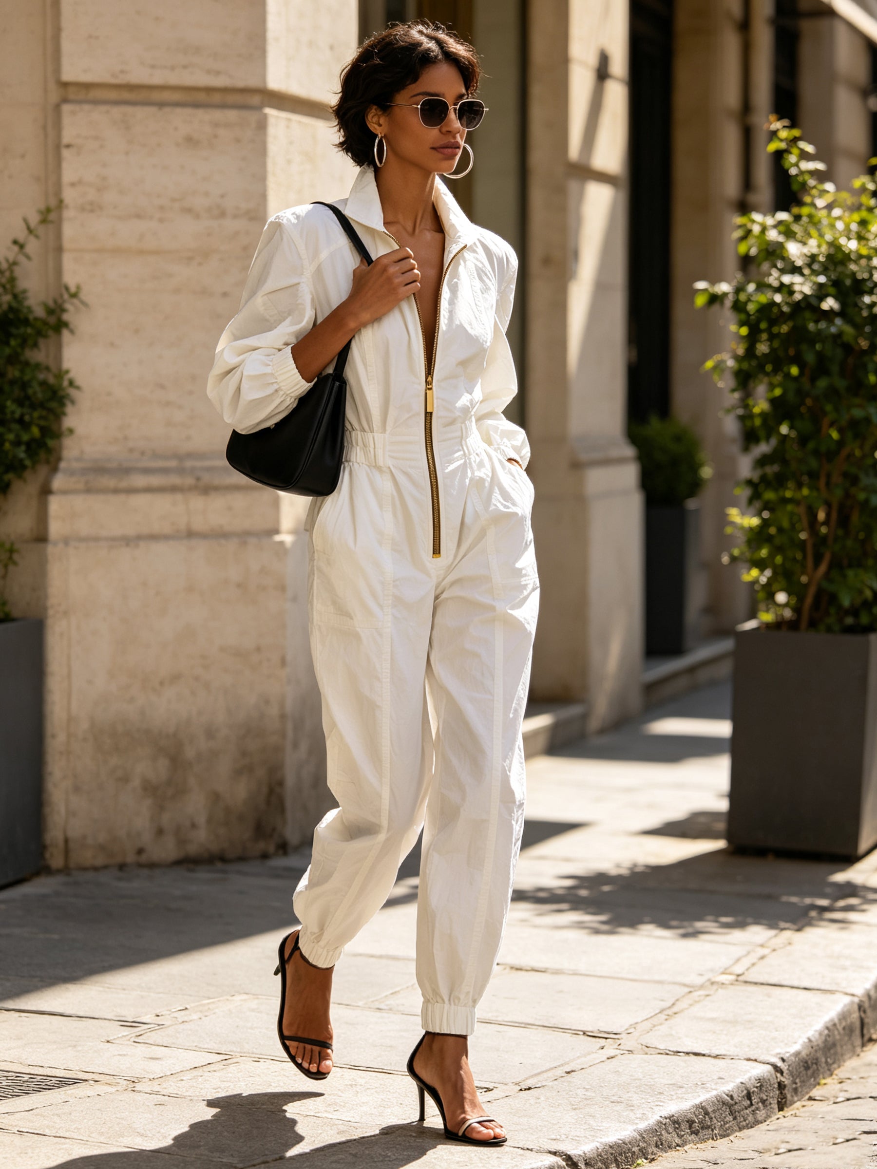 Luxe Utility White Jumpsuit – Elegant Zip Front Long Sleeve Cargo Romper With Cinched Waist