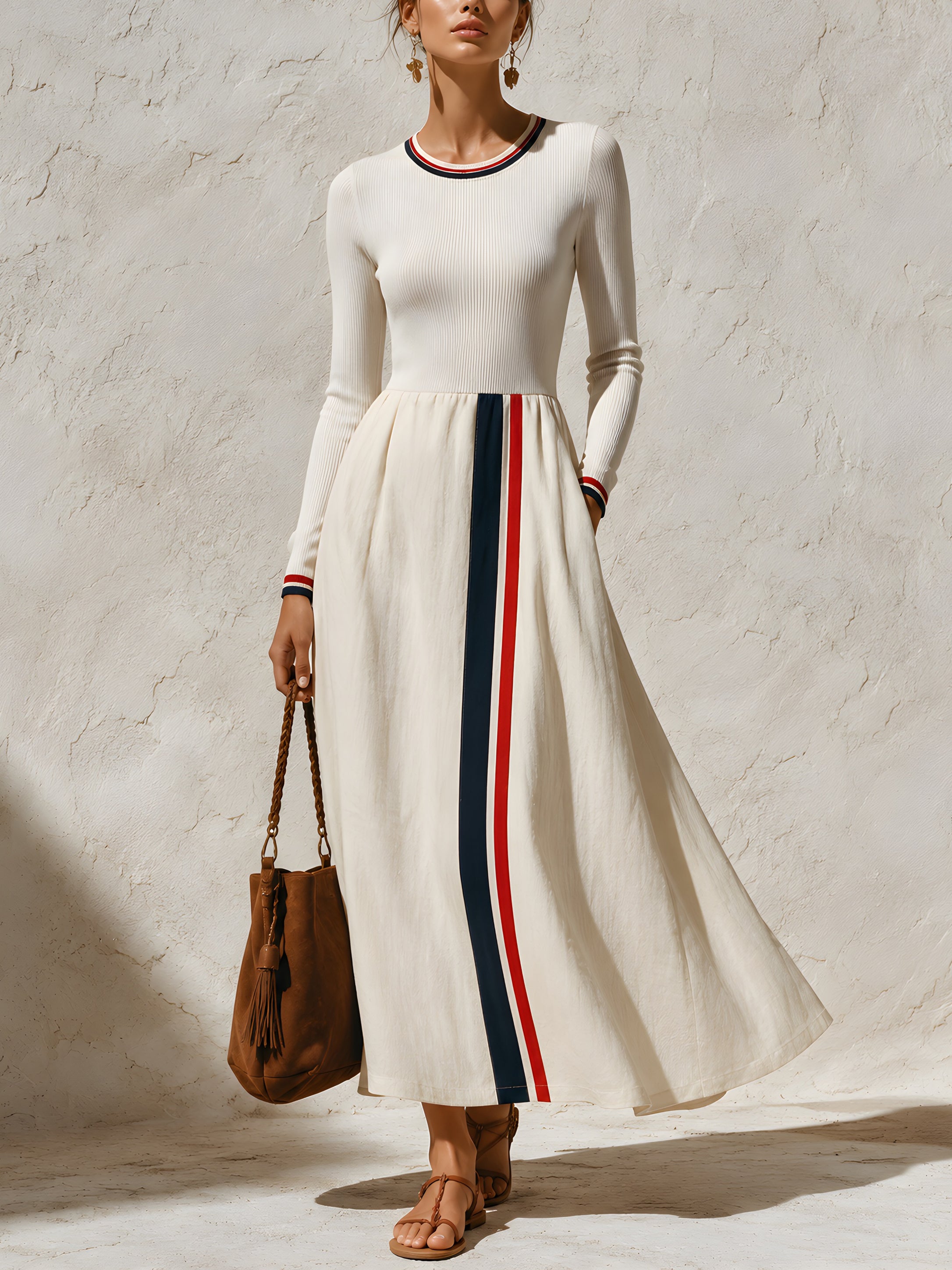 Women’s Ribbed Knit Maxi Dress – Elegant Long Sleeve A-Line Dress With Contrast Stripe Detail