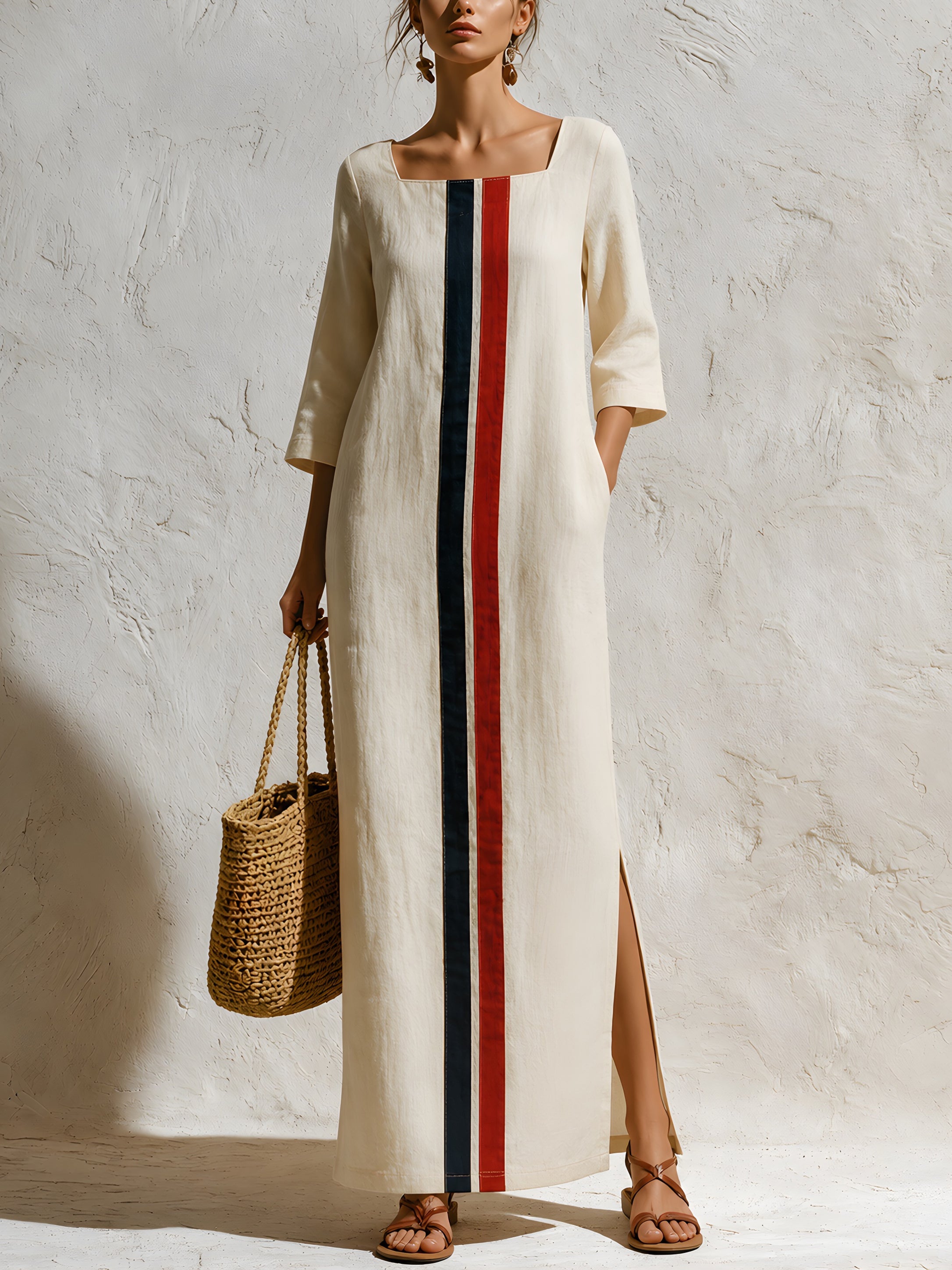 Women’s Minimalist Linen Maxi Dress – Elegant Long Sleeve Column Dress With Contrast Stripe Detail