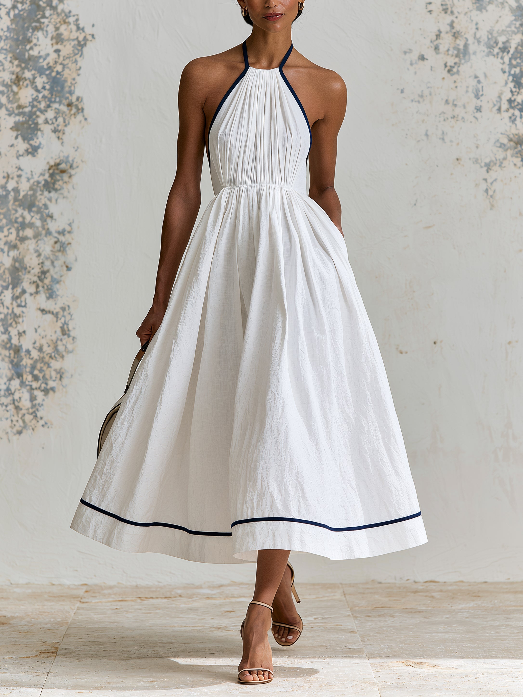 Elegant Contrast Trim Halter Midi Dress – Minimalist White Summer Dress With Pleated Bodice & Flowy A-Line Skirt
