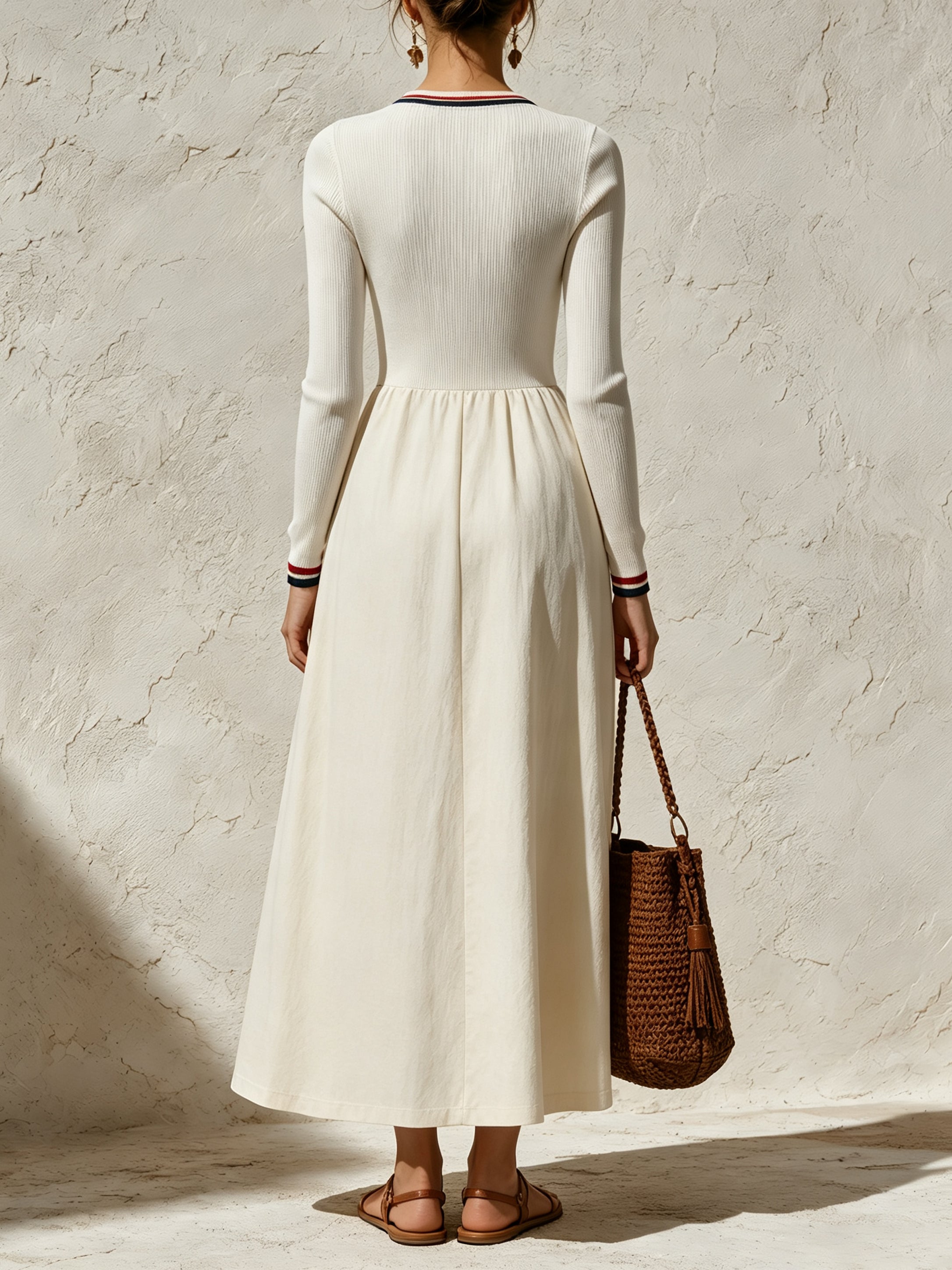 Women’s Ribbed Knit Maxi Dress – Elegant Long Sleeve A-Line Dress With Contrast Stripe Detail