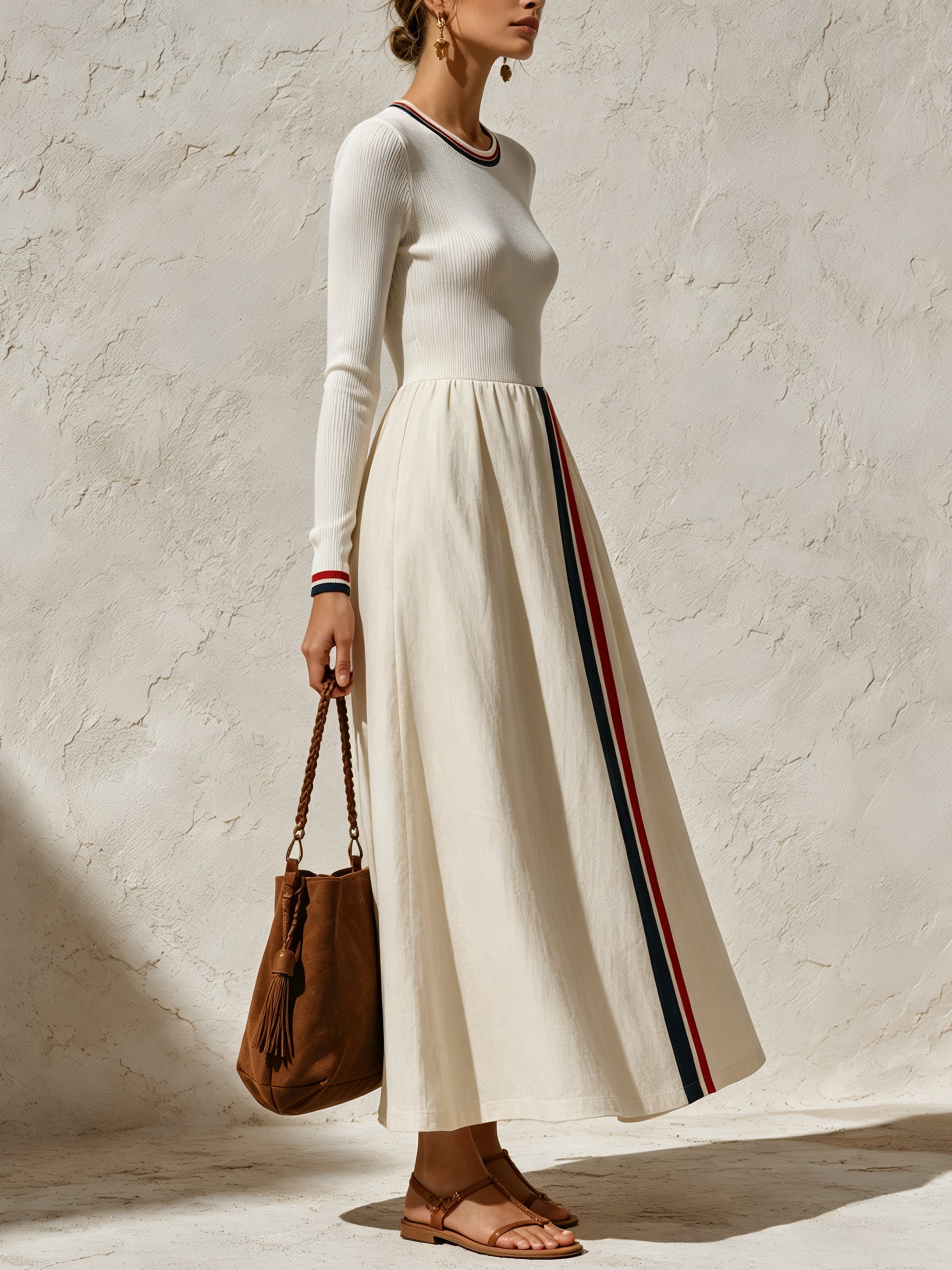 Women’s Ribbed Knit Maxi Dress – Elegant Long Sleeve A-Line Dress With Contrast Stripe Detail
