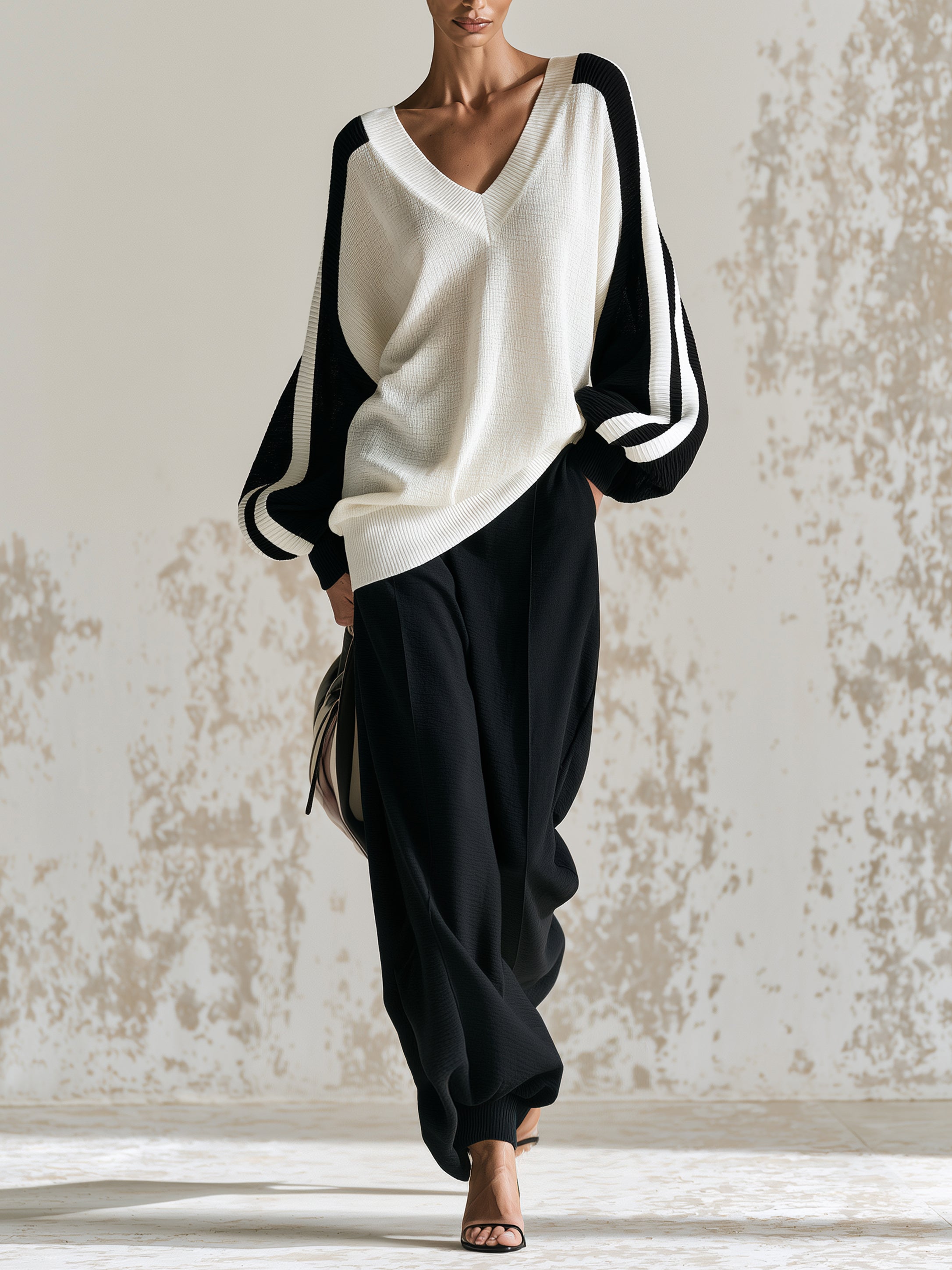 Minimalist Chic StyleContrast Color V-Neck Knit Sweater