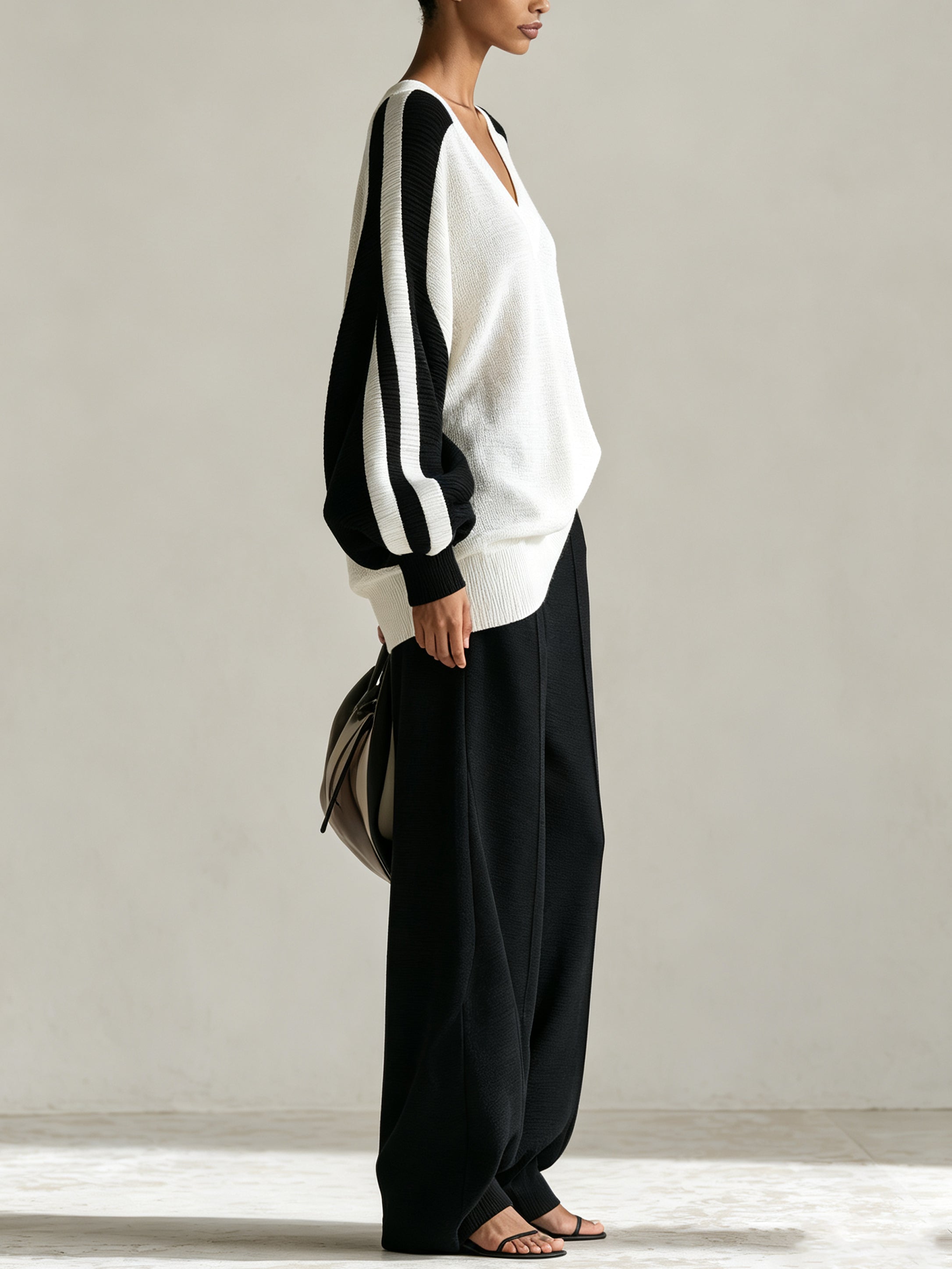 Minimalist Chic StyleContrast Color V-Neck Knit Sweater