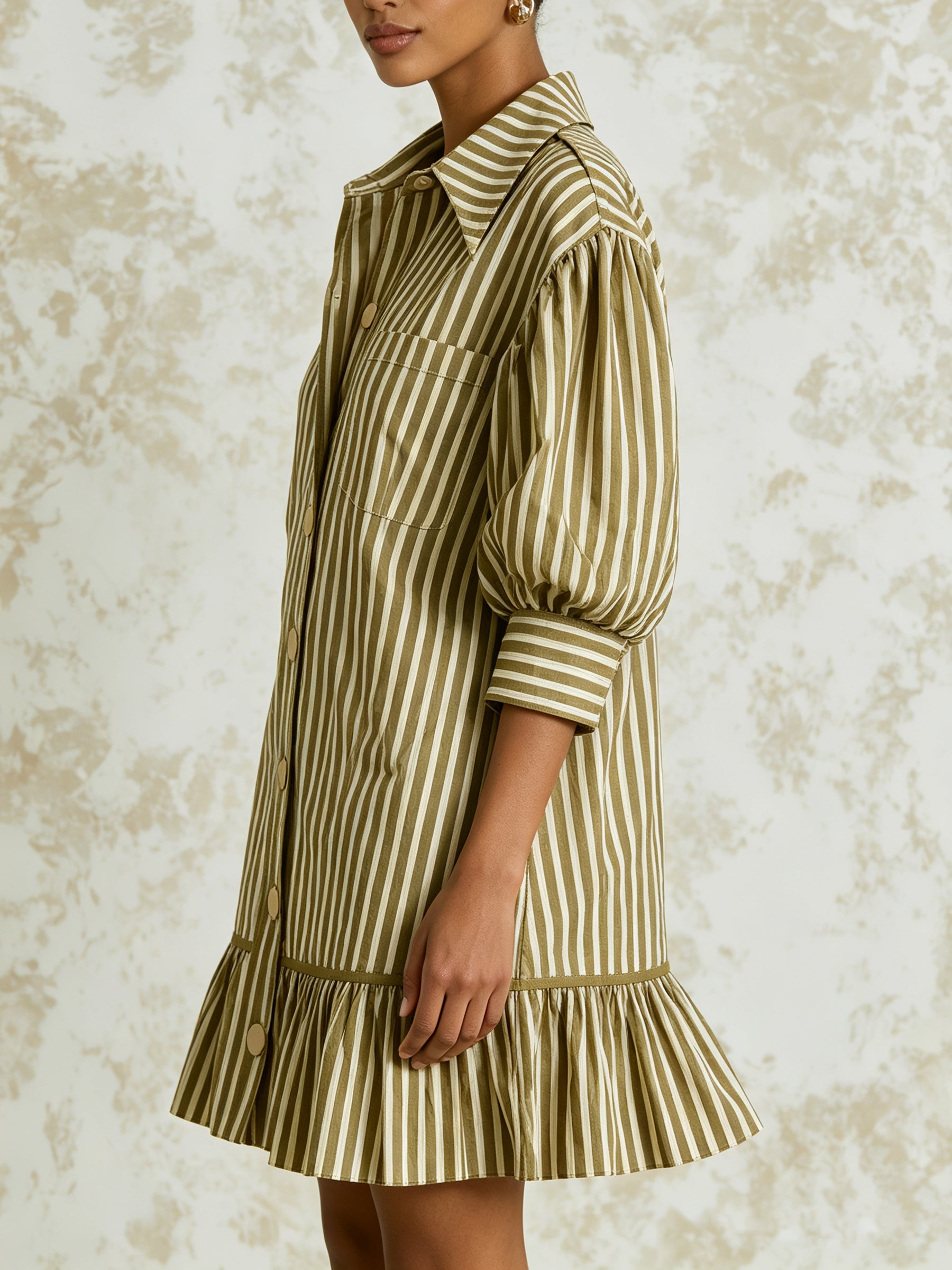 Olive Stripe Button Front Mini Dress – Puff Sleeve Collared Shirt Dress with Tiered Hem