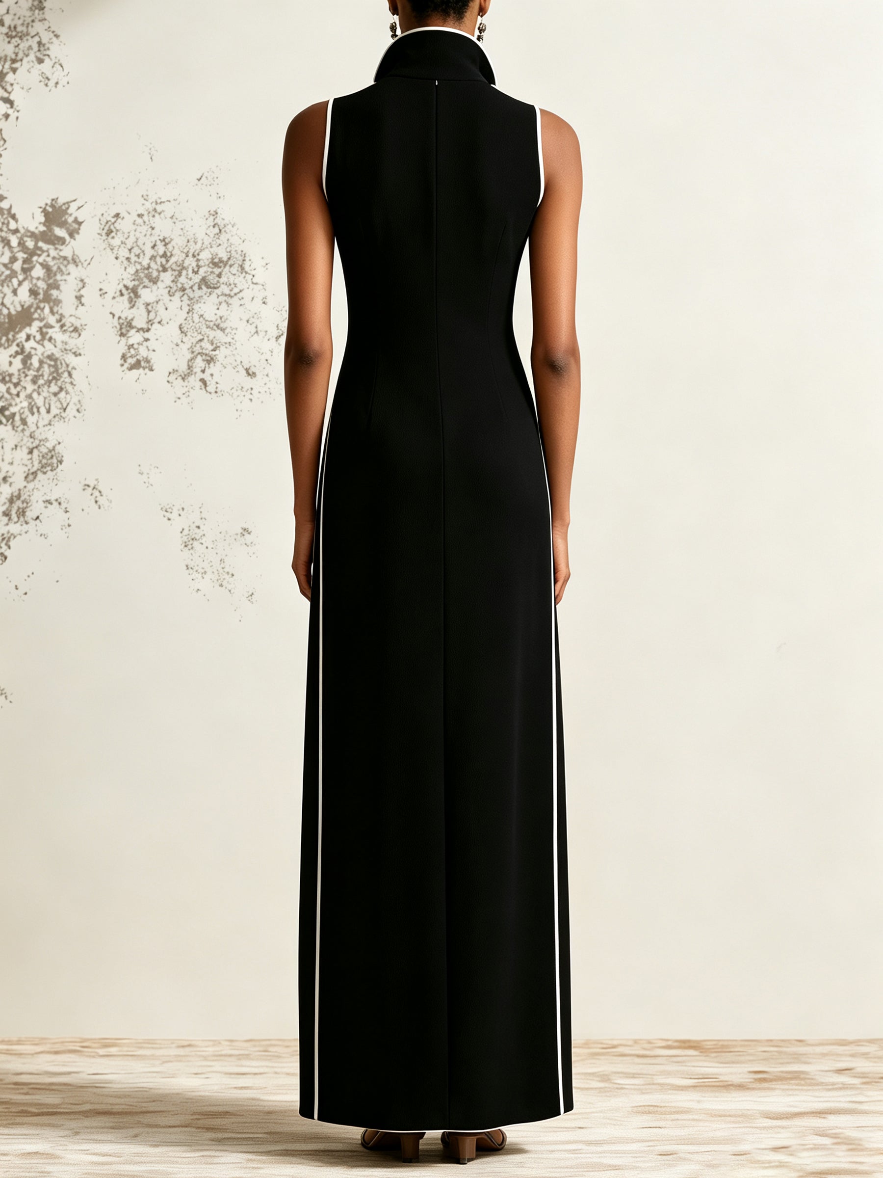 Black Contrast Trim Maxi Dress – Sleeveless High Neck Split Hem Elegant Evening Dress