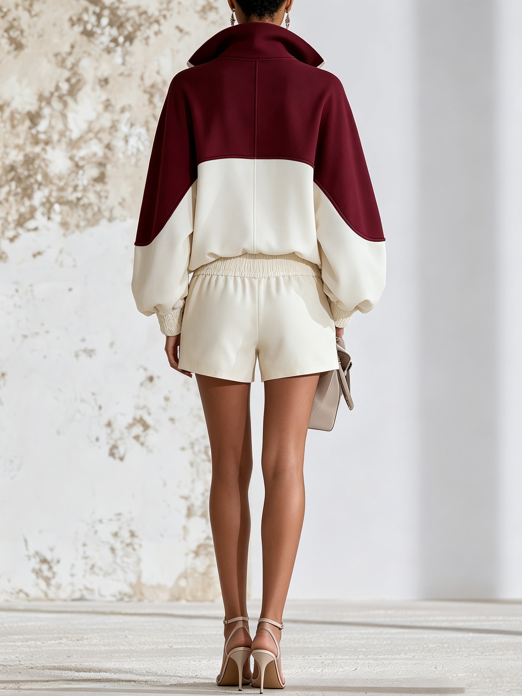 Burgundy Contrast Half Zip Pullover Set – Oversized Hoodie Top & High Waist Shorts Two Piece Outfit