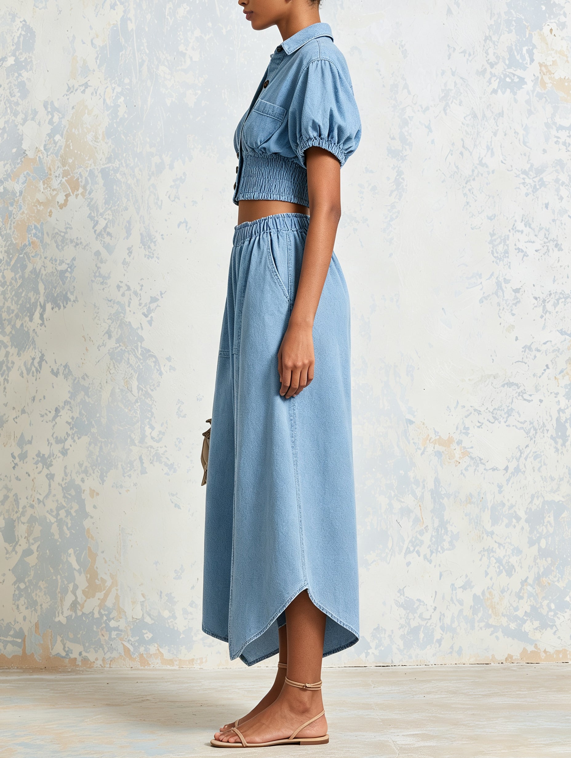 Light Wash Denim Two Piece Outfit, Puff Sleeve Smocked Crop Shirt & Elastic Waist Flowy Midi Skirt Matching Set