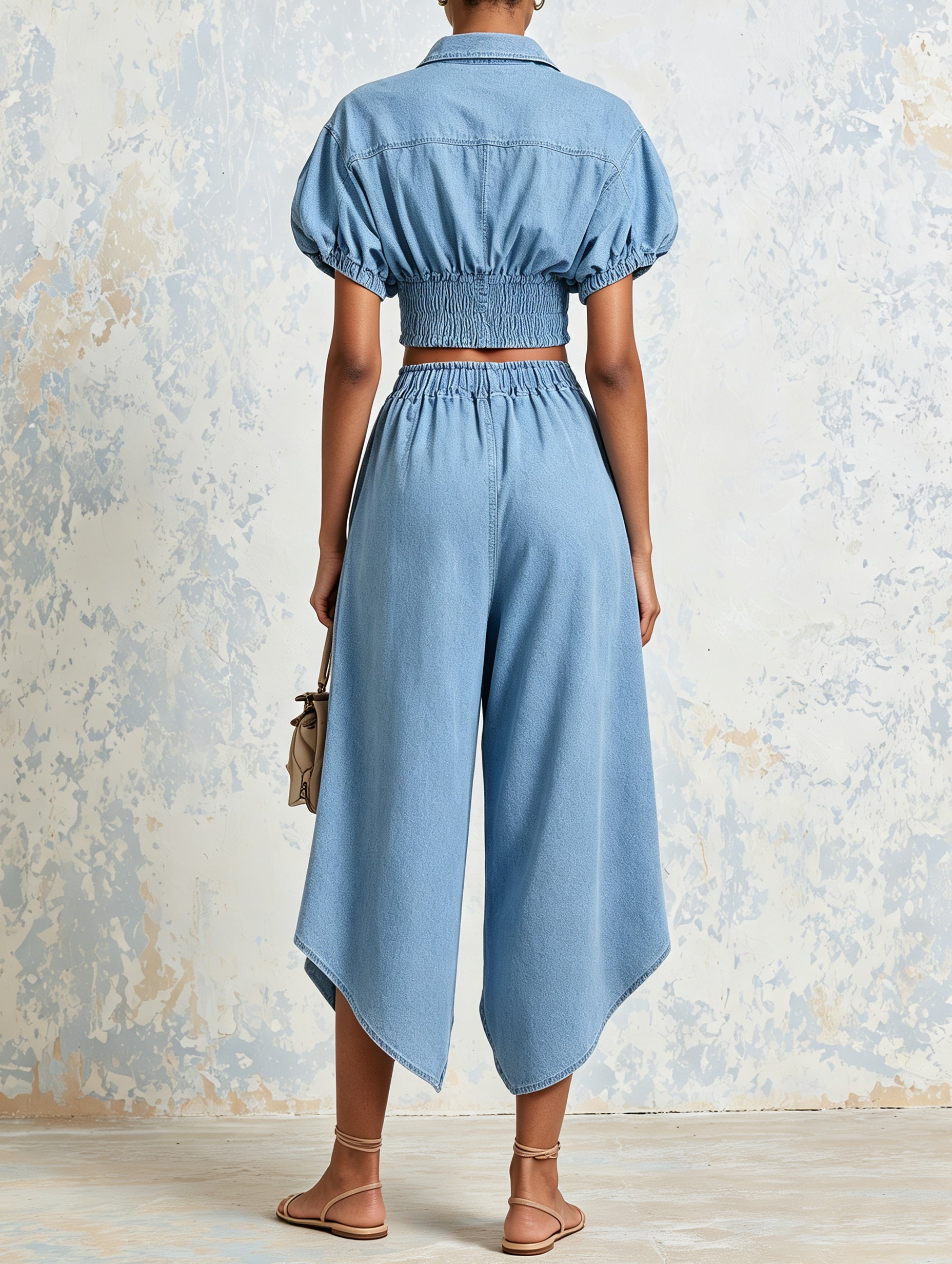 Light Wash Denim Two Piece Outfit, Puff Sleeve Smocked Crop Shirt & Elastic Waist Flowy Midi Skirt Matching Set