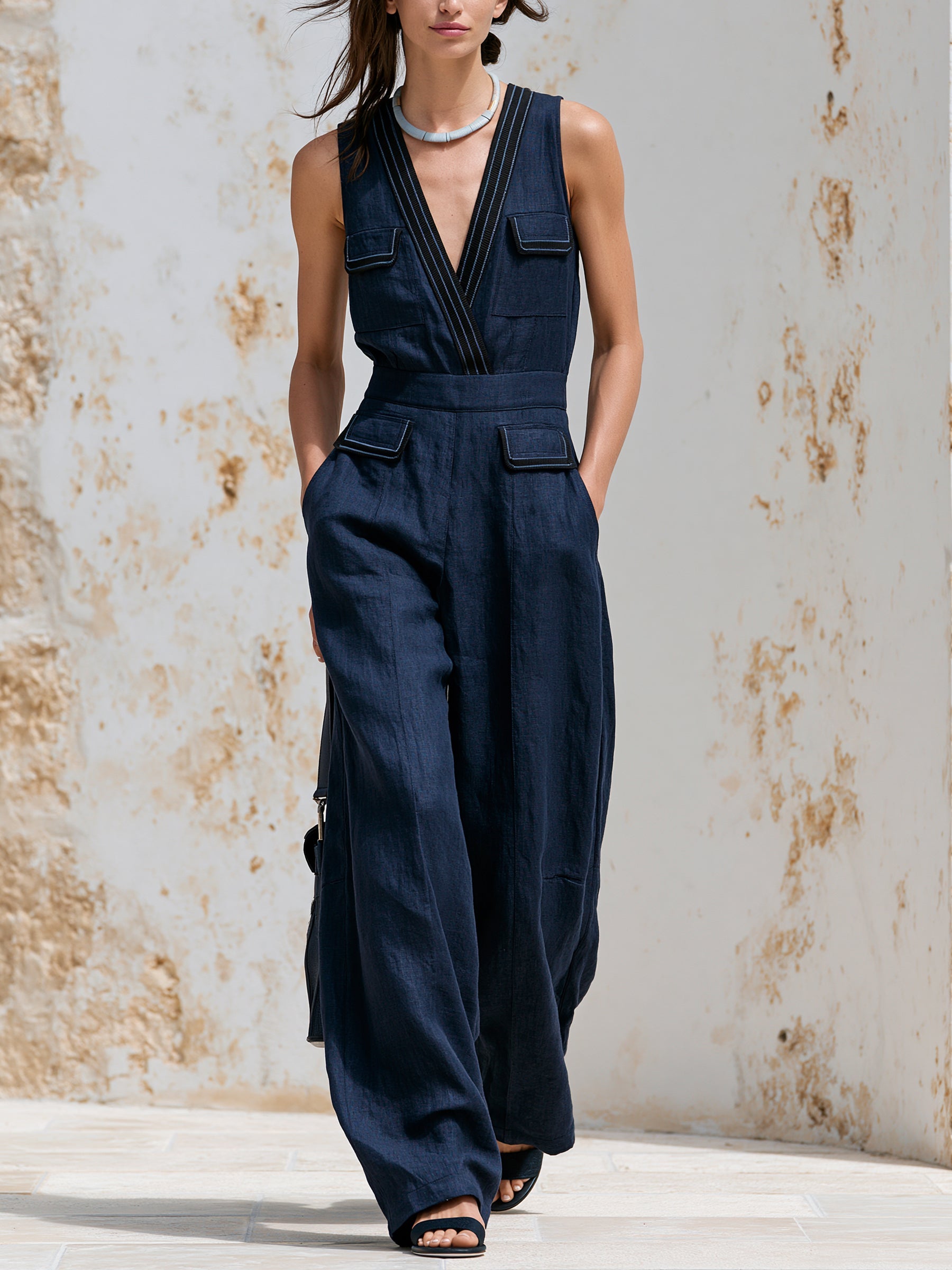 Women’s Navy Linen Blend Wide Leg Jumpsuit – V Neck Utility Romper With Pockets