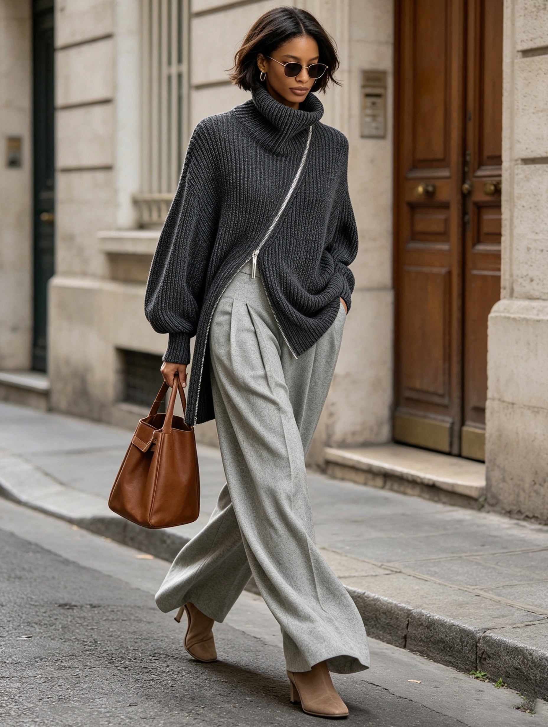 Dark Grey Asymmetric Zip Turtleneck Chunky Knit Sweater, Oversized Batwing Long Sleeve Ribbed Knit Jumper