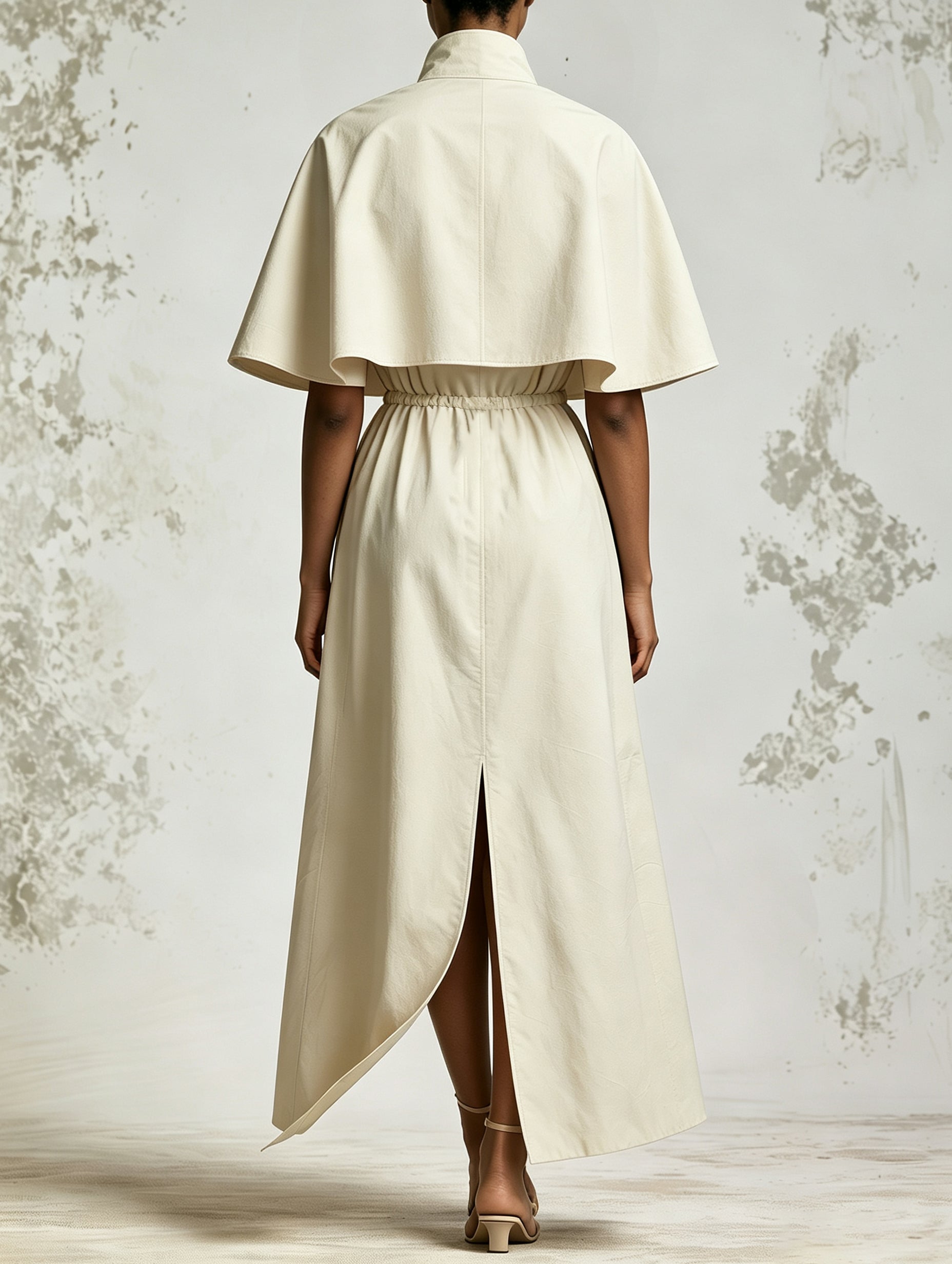 Cape Sleeve Zip Front Drawstring Waist Maxi Dress, Stand Collar Split Long Tunic Dress