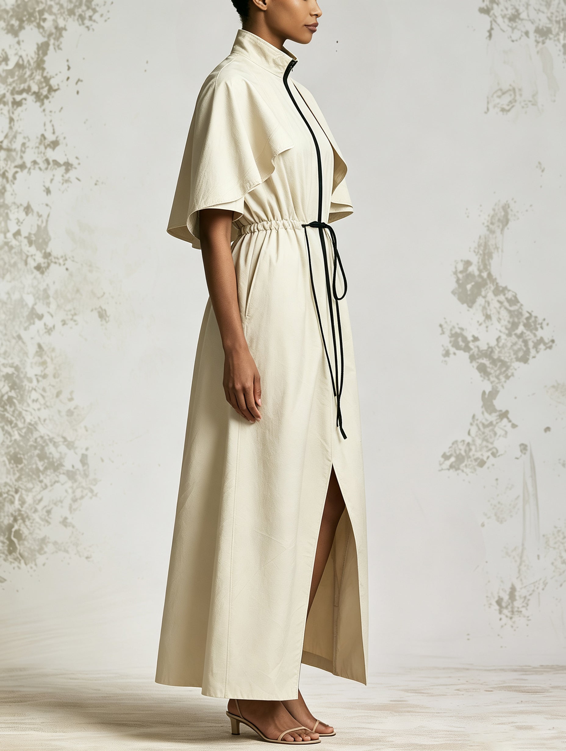 Cape Sleeve Zip Front Drawstring Waist Maxi Dress, Stand Collar Split Long Tunic Dress