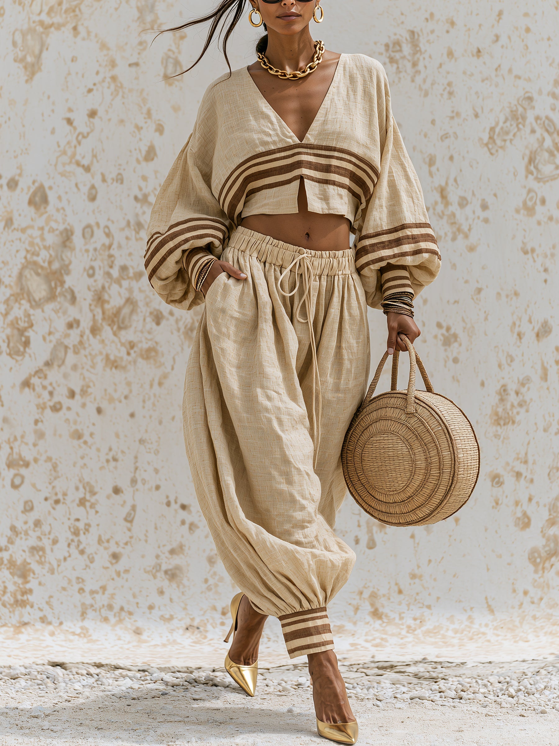 Women’s Boho Linen Two Piece Set – V Neck Crop Top & High Waist Wide Leg Pants Resort Outfit