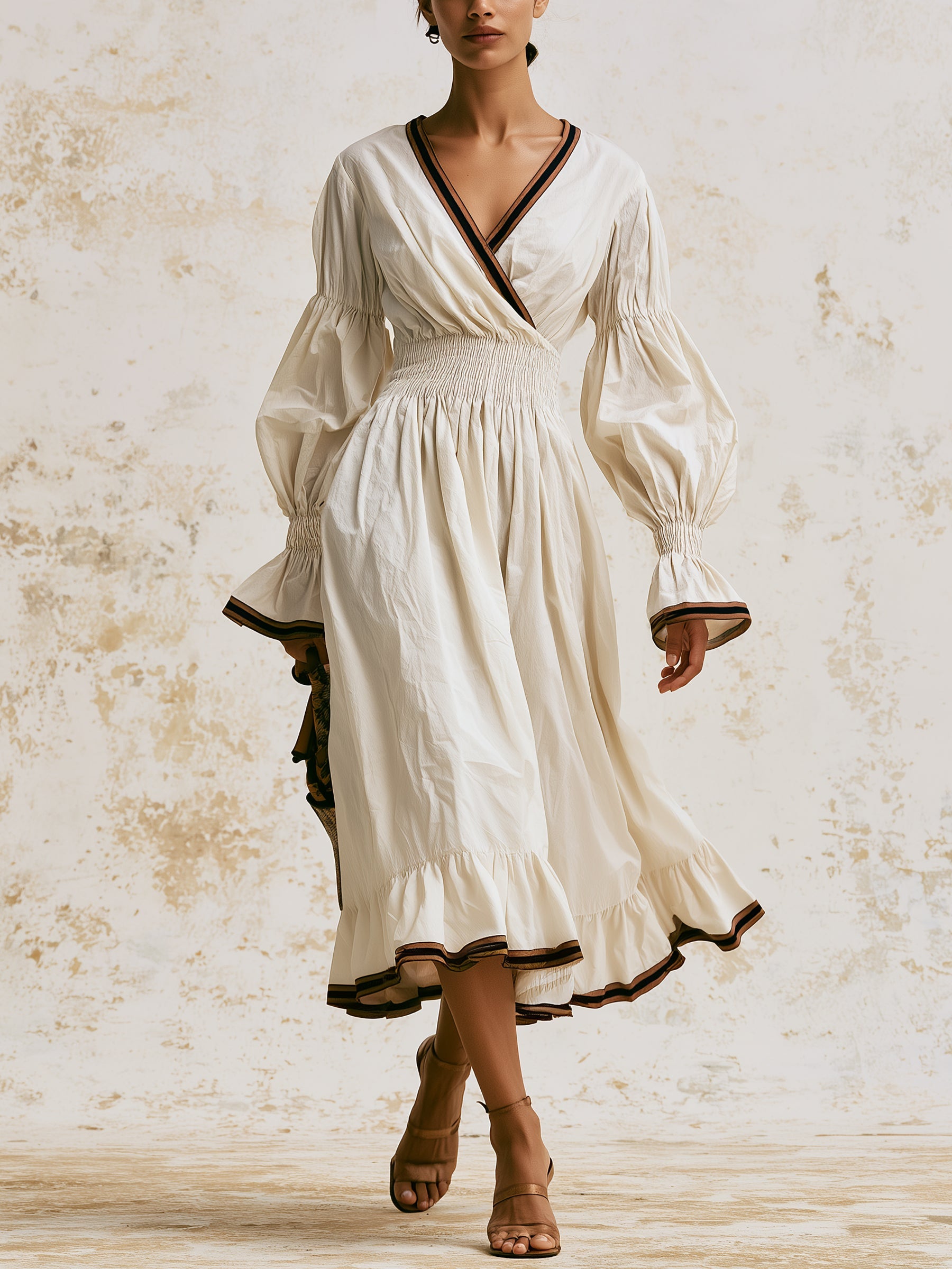 Ivory Elegance V-Neck Smocked Waist Maxi Dress – Romantic Puff Sleeve Bohemian Dress