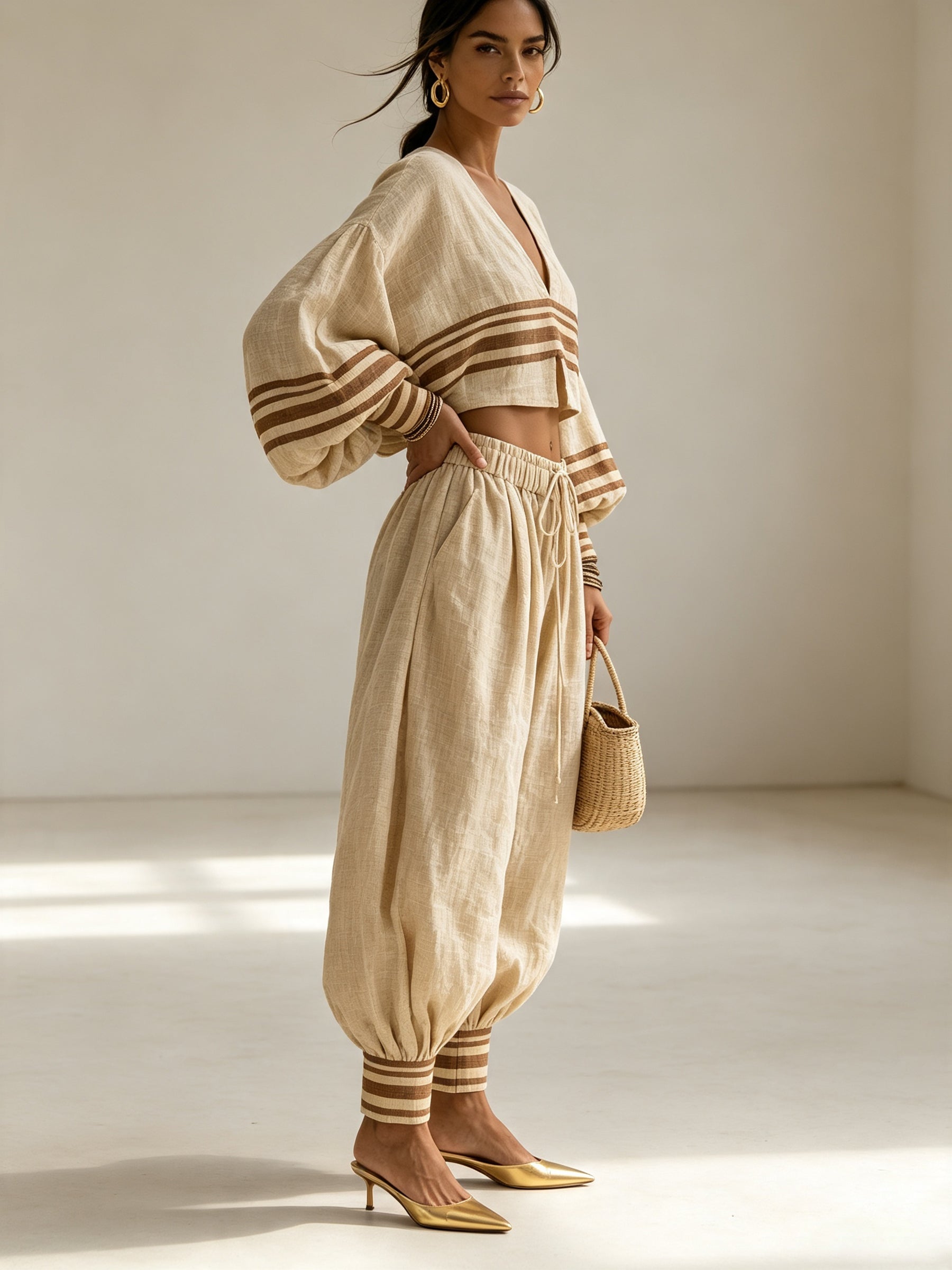 Women’s Boho Linen Two Piece Set – V Neck Crop Top & High Waist Wide Leg Pants Resort Outfit