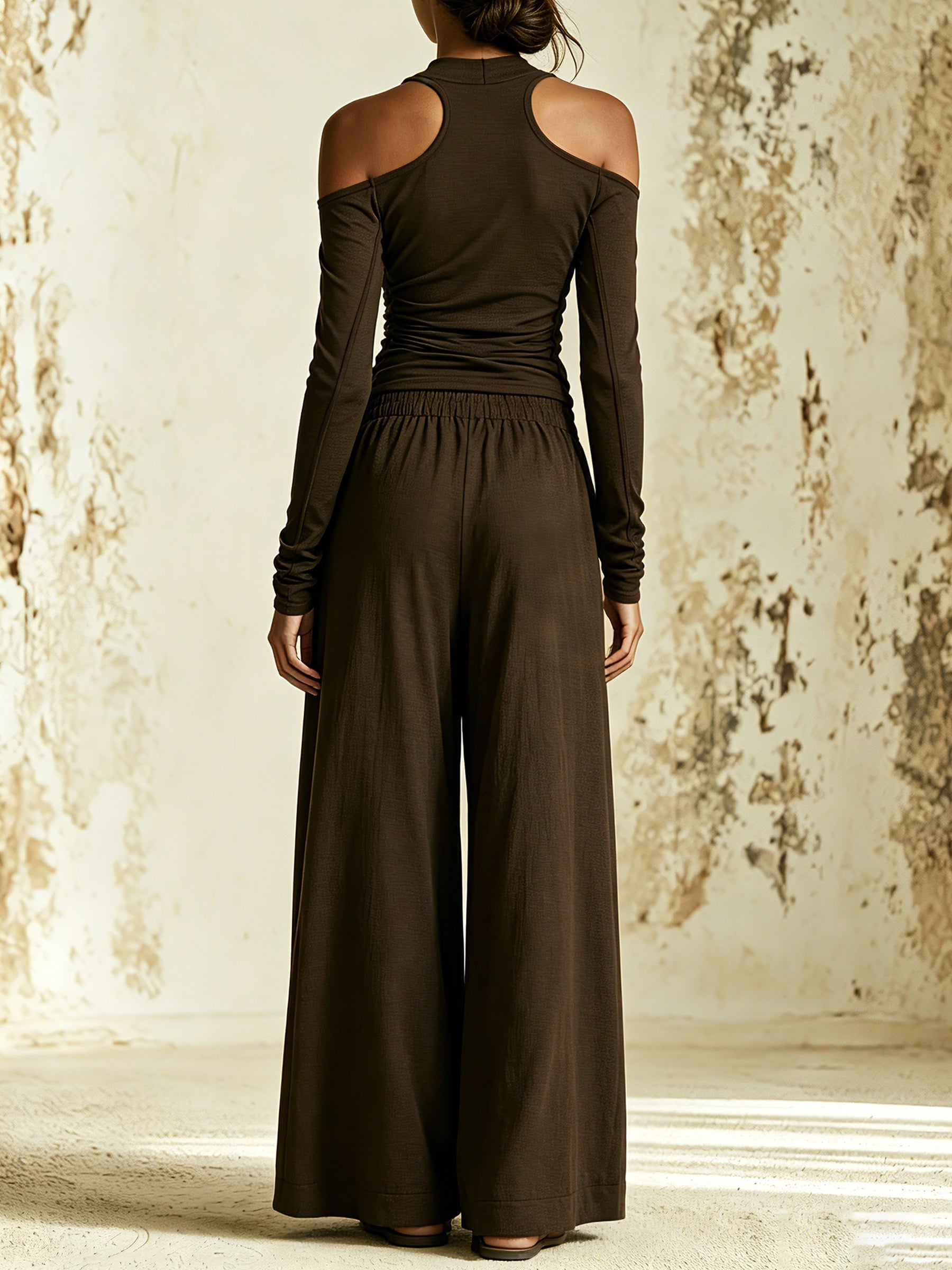 Women's Avant-Garde Black Two-Piece Set – Cold Shoulder Long Sleeve Top & Wide Leg Draped Pants
