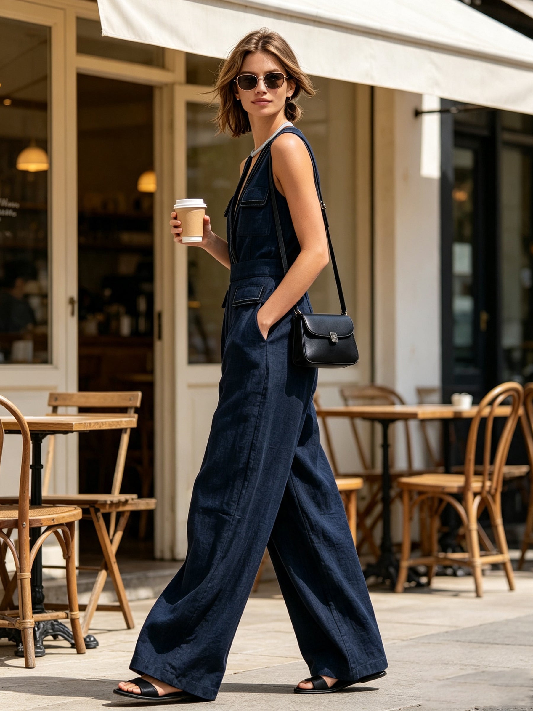 Women’s Navy Linen Blend Wide Leg Jumpsuit – V Neck Utility Romper With Pockets