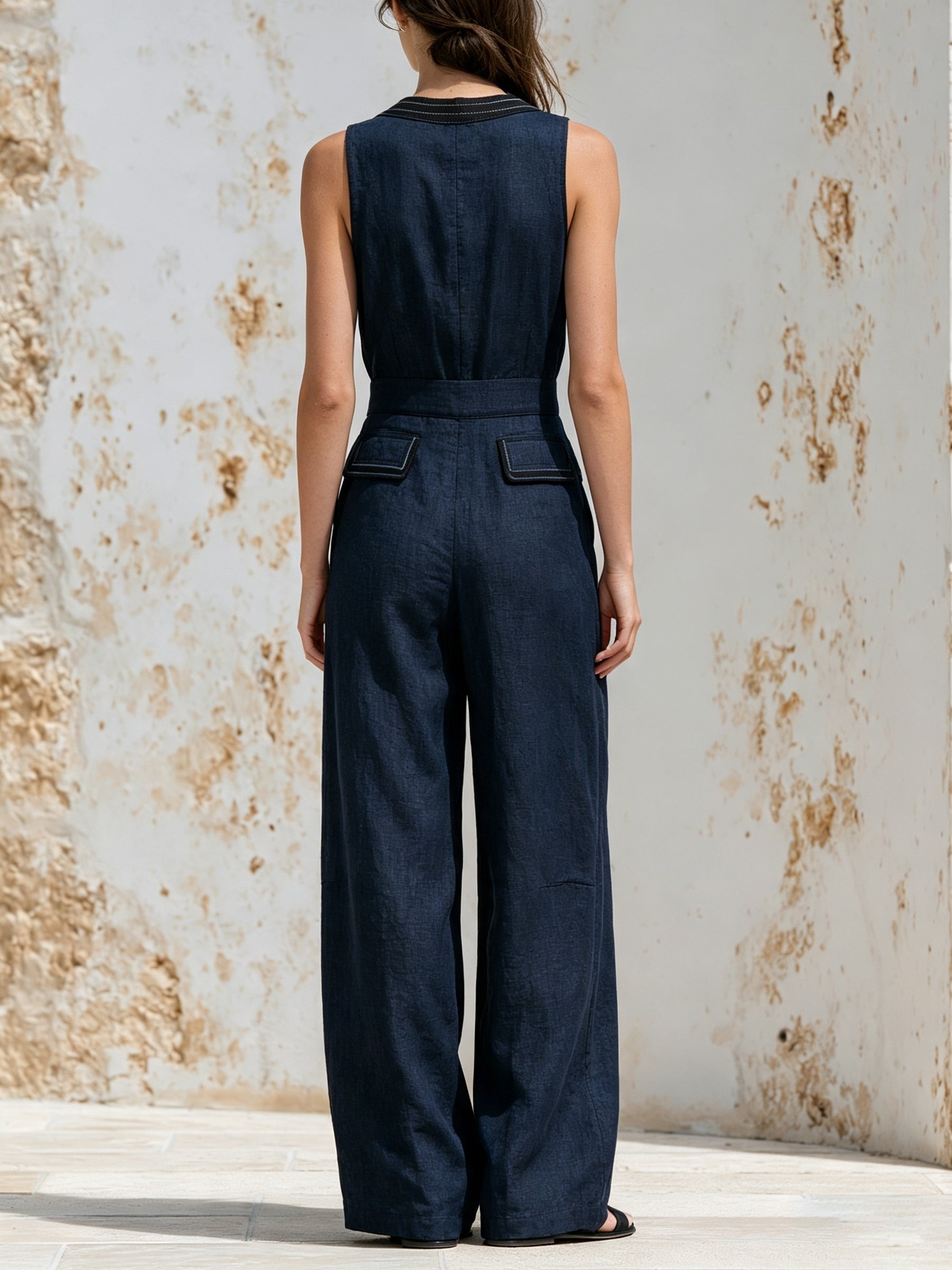 Women’s Navy Linen Blend Wide Leg Jumpsuit – V Neck Utility Romper With Pockets