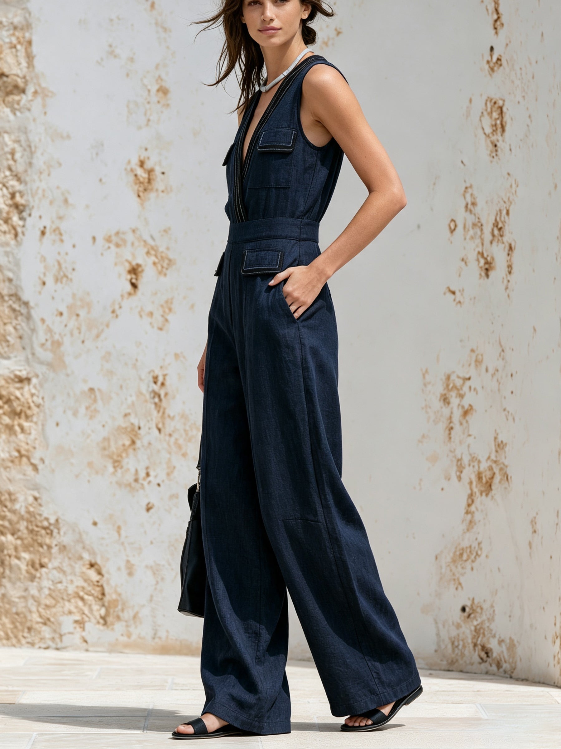 Women’s Navy Linen Blend Wide Leg Jumpsuit – V Neck Utility Romper With Pockets