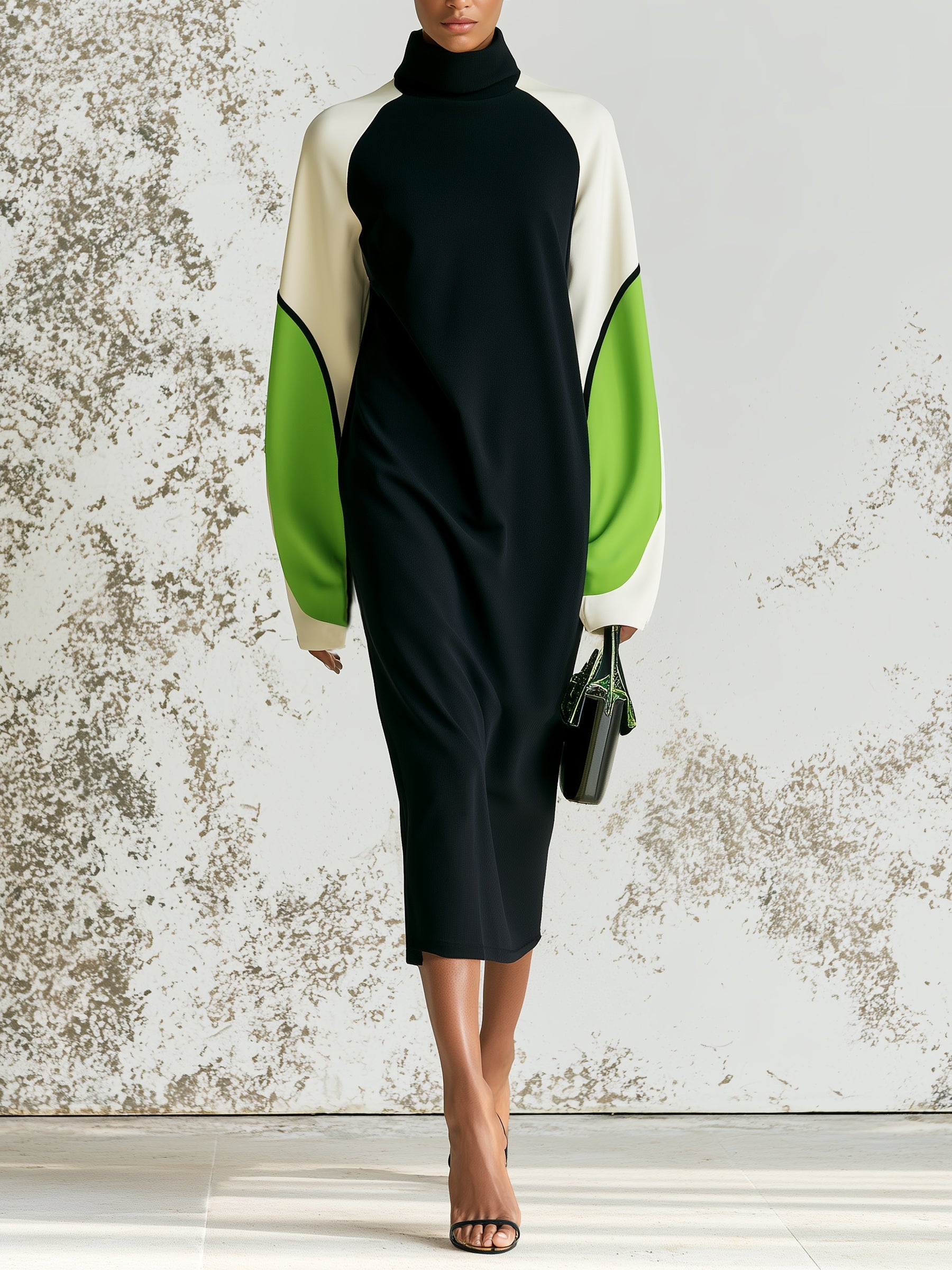Modern Color Block Turtleneck Midi Dress – Oversized Statement Sleeve Knit Dress