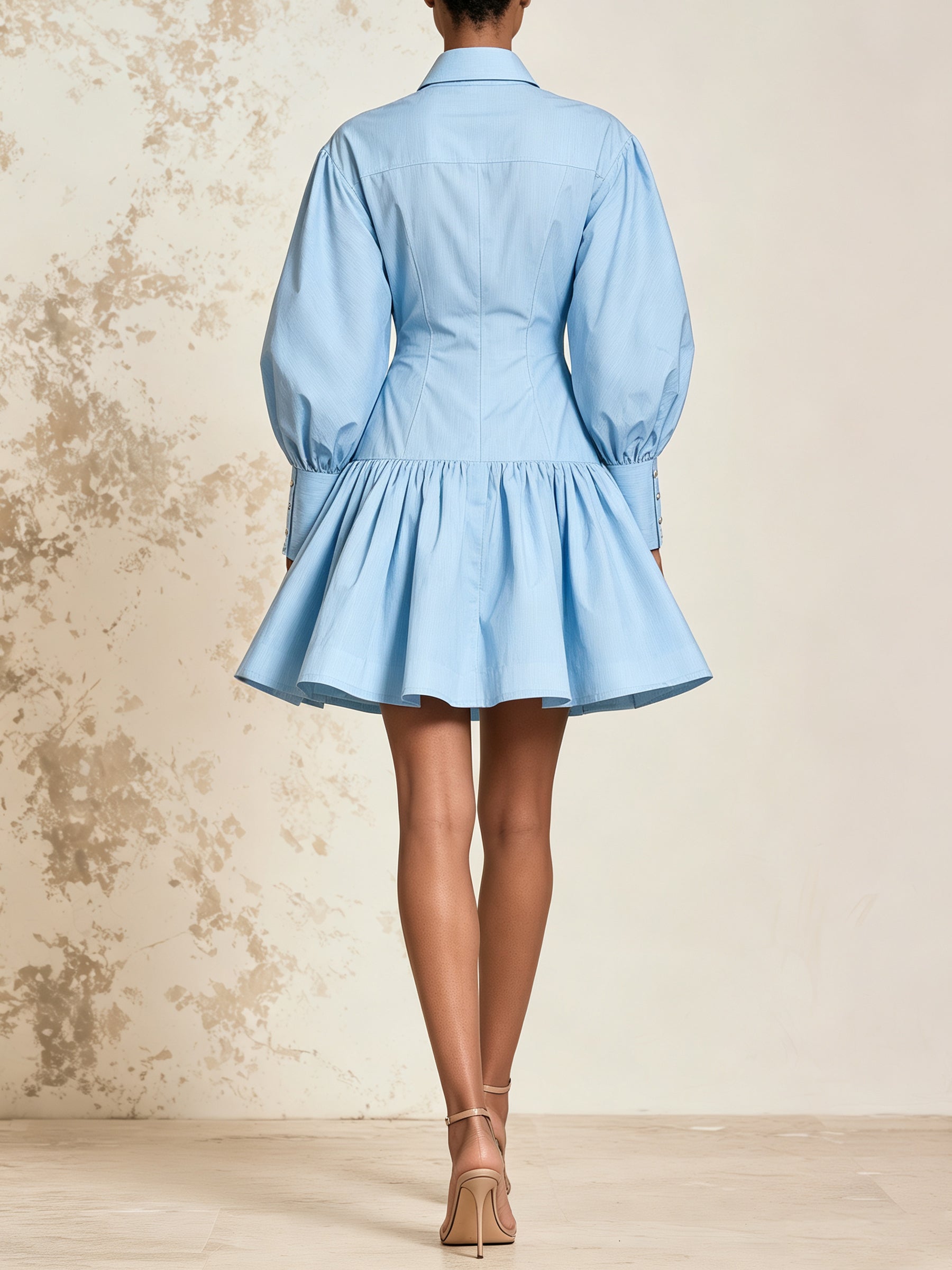 Sky Blue Utility Shirt Dress – Elegant Puff Sleeve Mini Dress With Flared Skirt