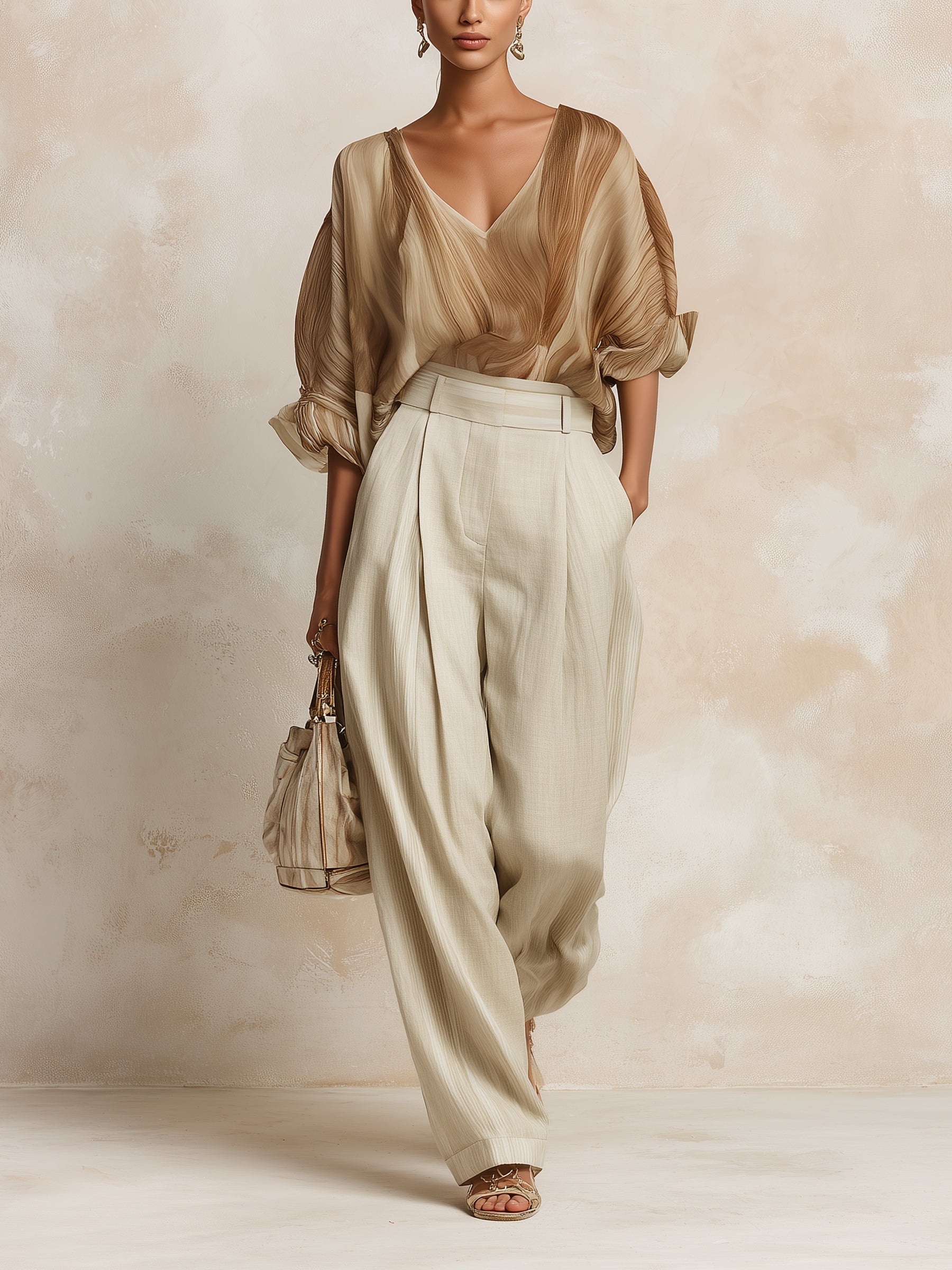 Women's Elegant Pleated V-Neck Blouse & High-Waisted Wide Leg Pants Two-Piece Set