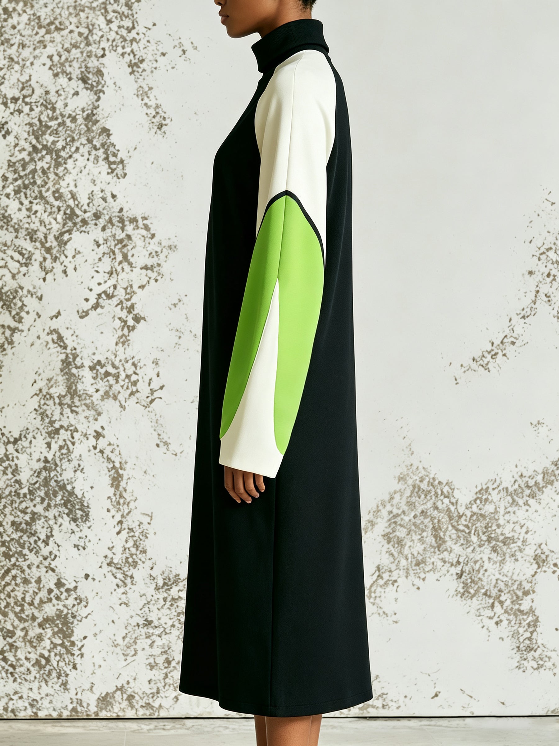 Modern Color Block Turtleneck Midi Dress – Oversized Statement Sleeve Knit Dress