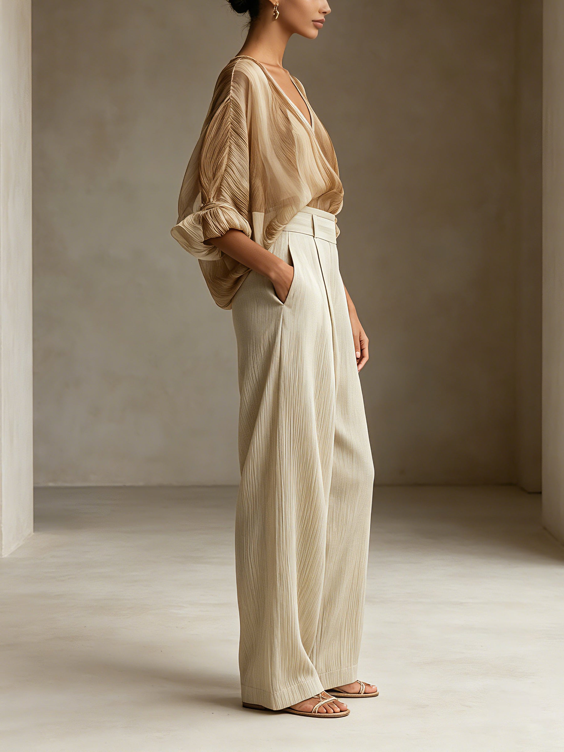 Women's Elegant Pleated V-Neck Blouse & High-Waisted Wide Leg Pants Two-Piece Set