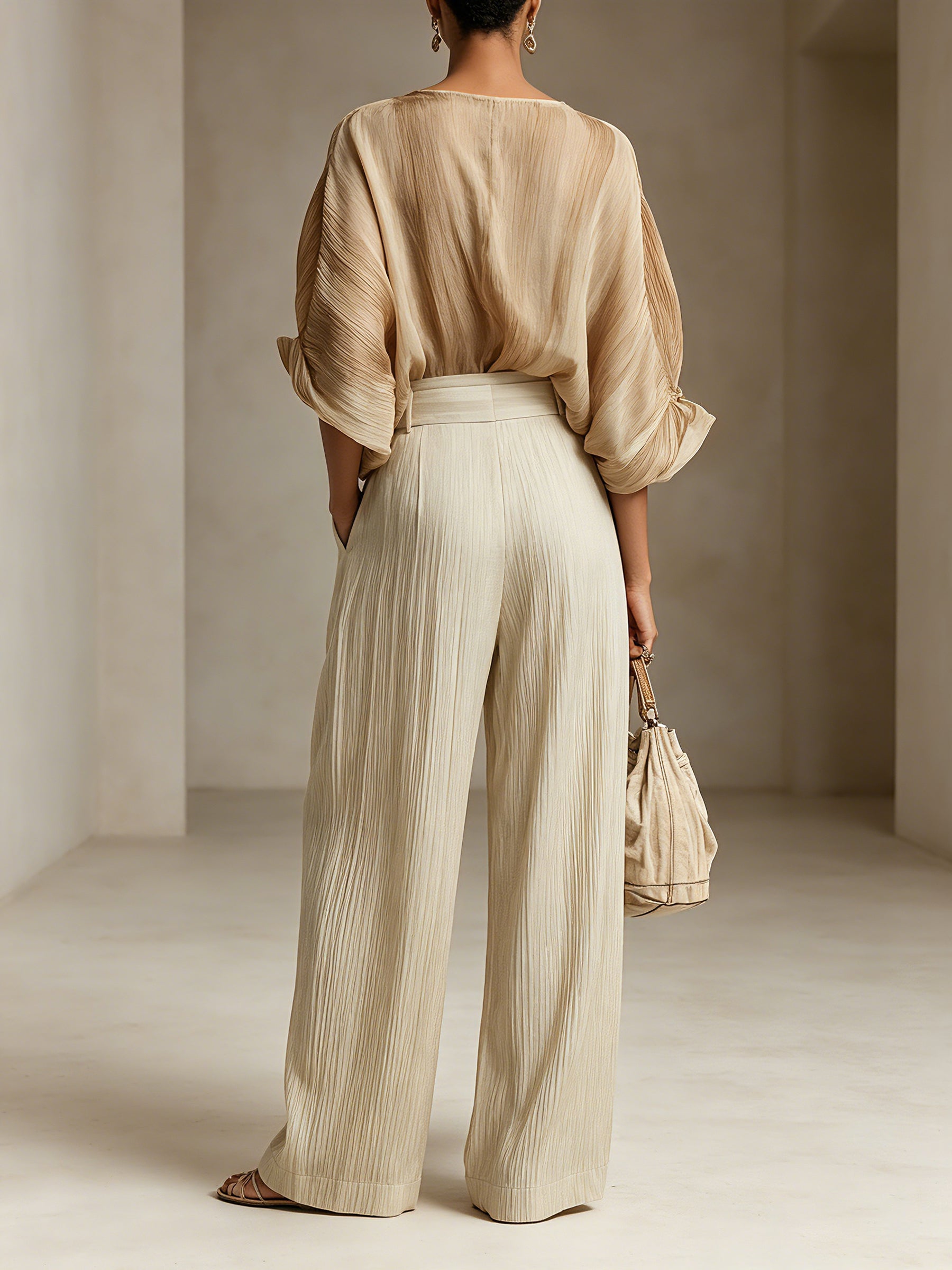 Women's Elegant Pleated V-Neck Blouse & High-Waisted Wide Leg Pants Two-Piece Set