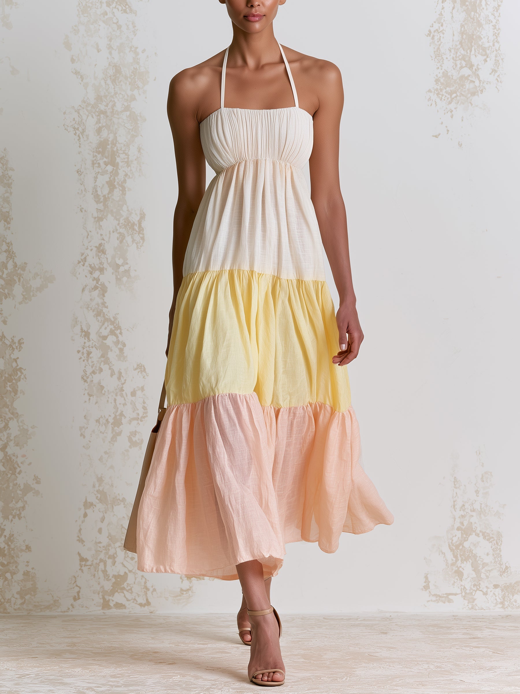 Boho Colorblock Tiered Halter Midi Dress, Lightweight Beach Vacation Flowy Sundress