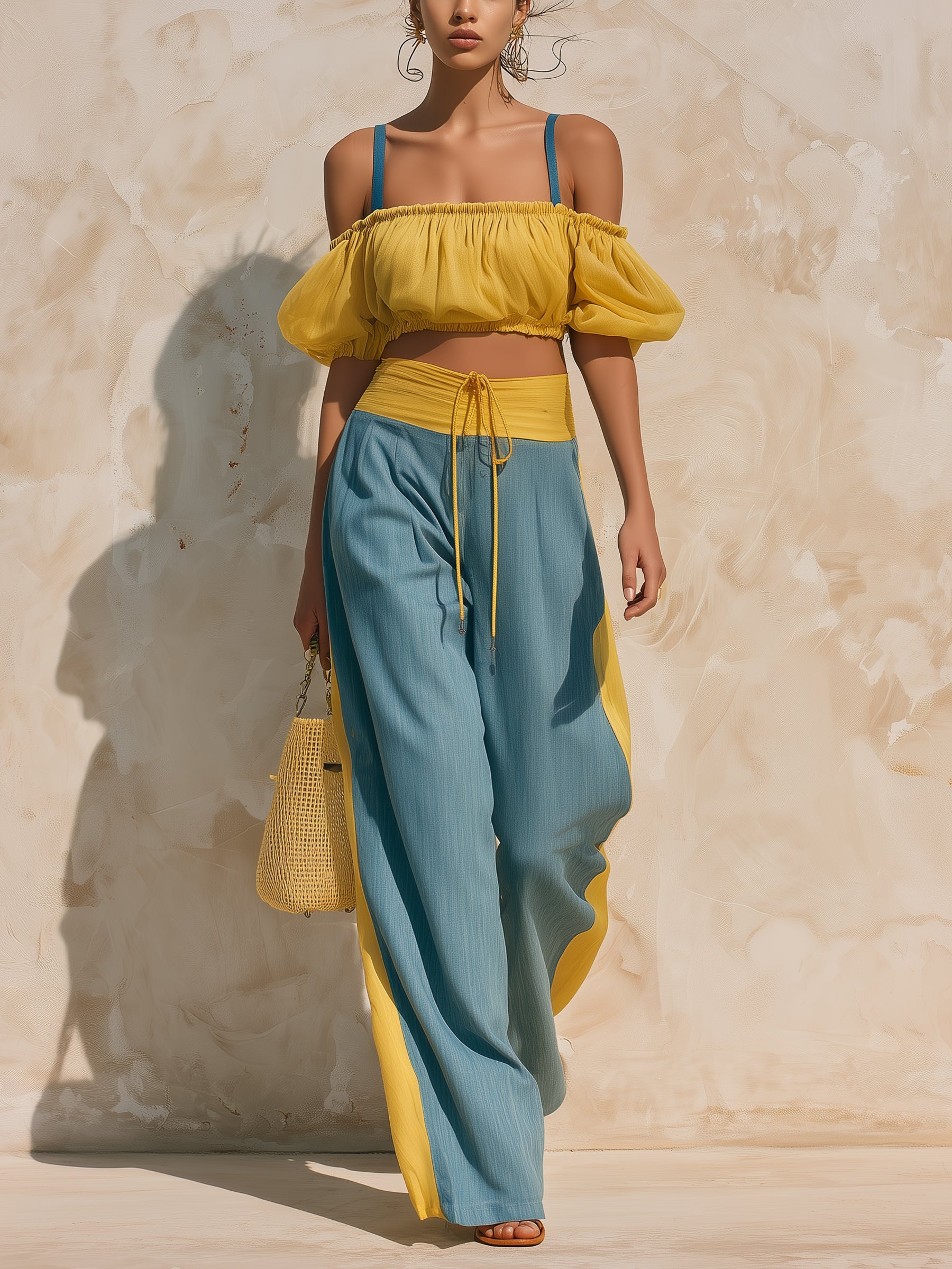 Women's Off Shoulder Puff Sleeve Color Block Crop Top & Wide Leg Pants Two Piece Set
