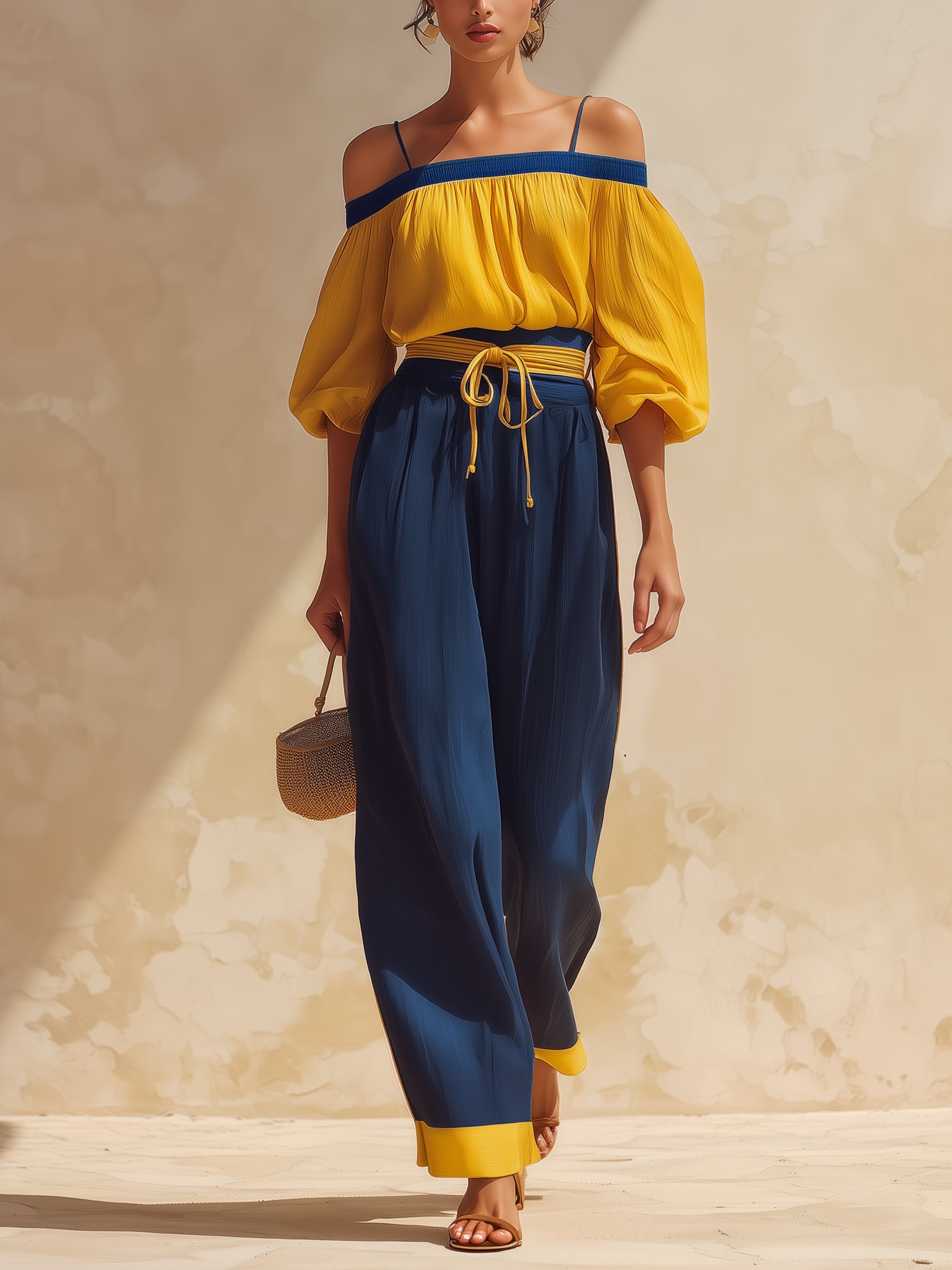Yellow Off Shoulder Puff Sleeve Crop Top & Contrast Side Stripe Wide Leg Pants Vacation Two Piece Outfit Set