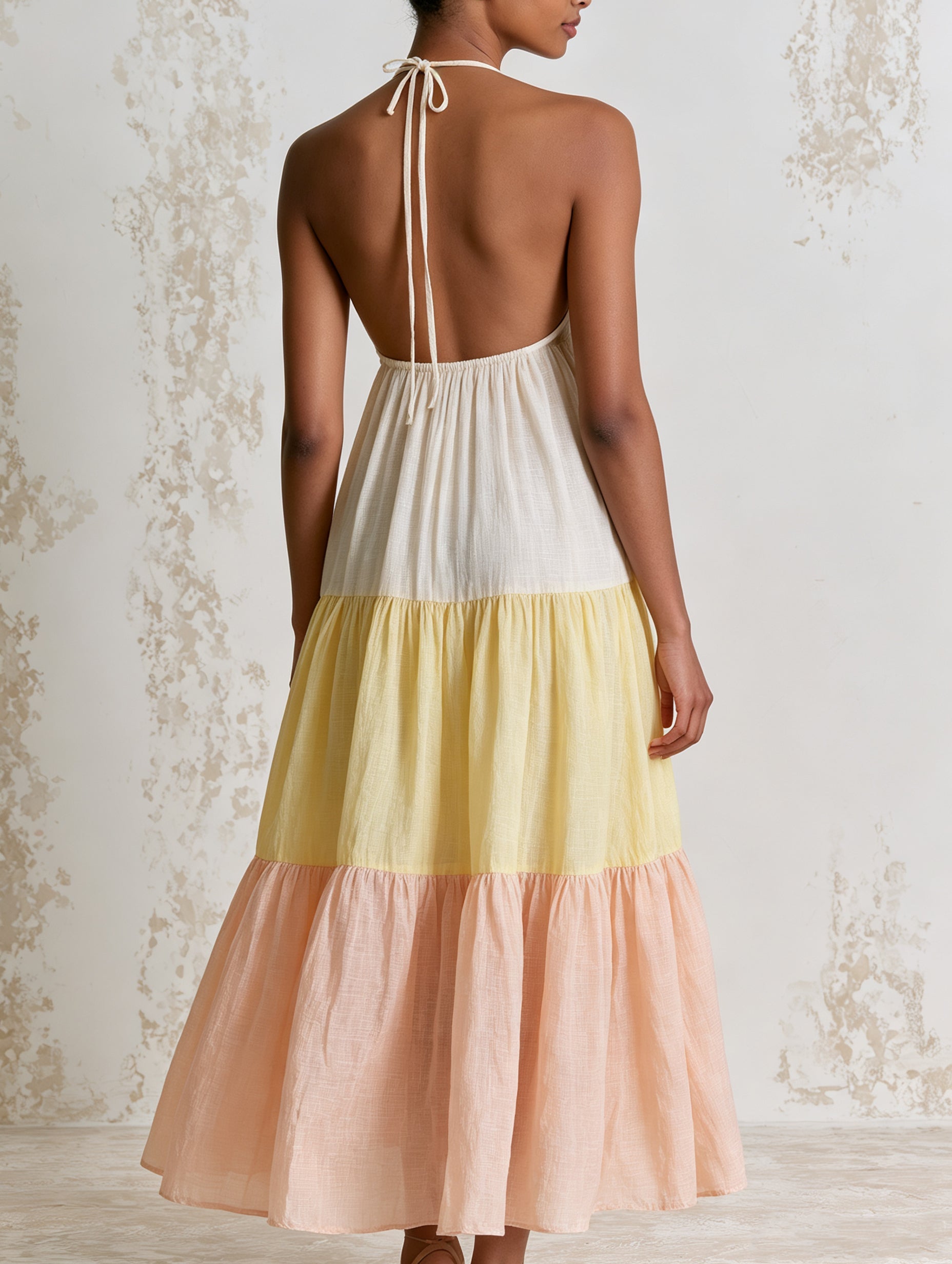 Boho Colorblock Tiered Halter Midi Dress, Lightweight Beach Vacation Flowy Sundress